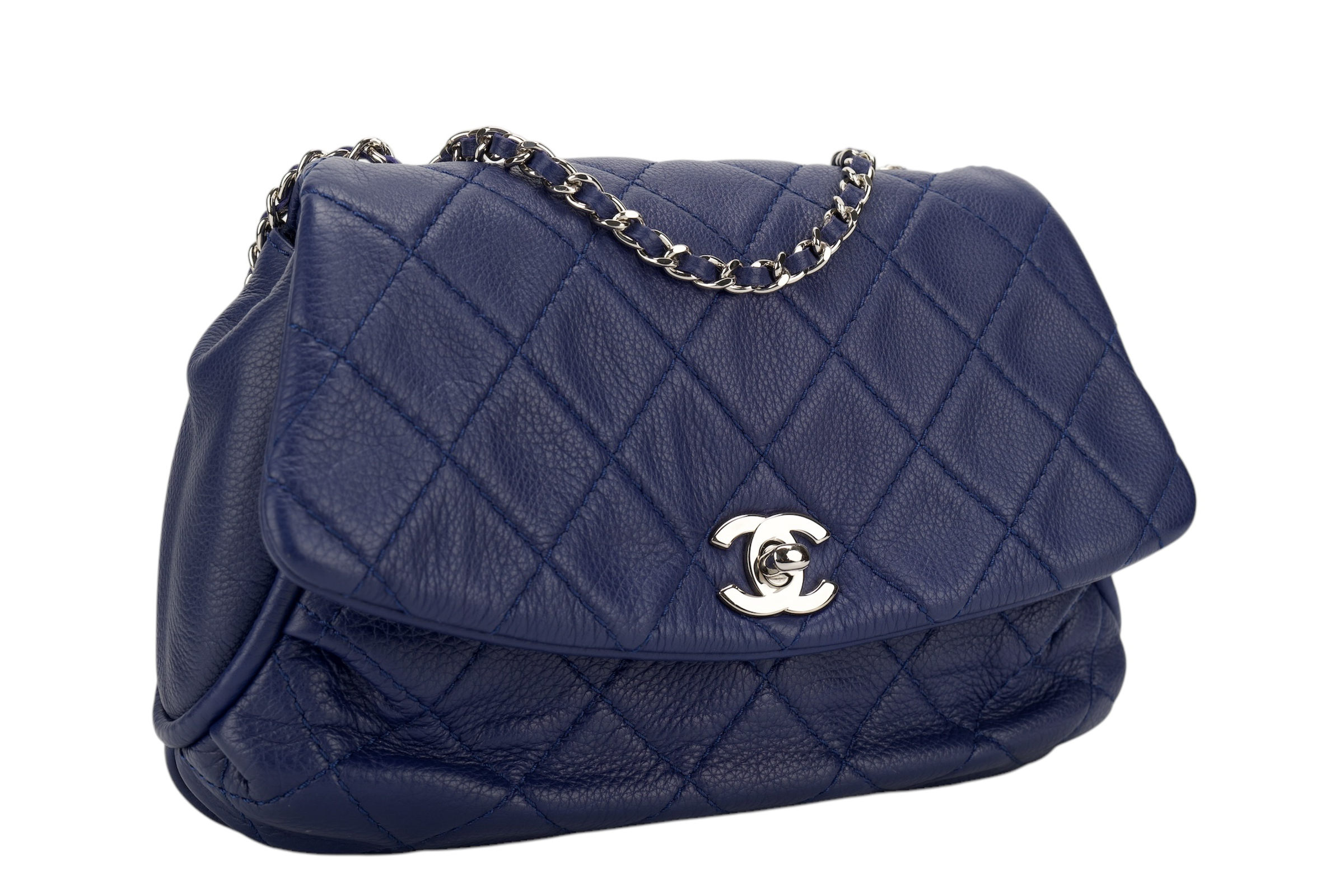 0305. Chanel Dumpling Fold Quilted Blue Flap Bag, Silver hardware2
