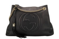 0593. Gucci Chain Tote Bag, Black Leather, Gold Hardware1