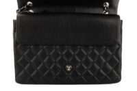 0635. Chanel Classic Maxi Double Flap Black Caviar Leather Silver Hardware