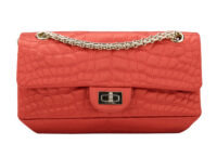 0645. Chanel 2.55 Crocodile Quilted Classic Medium Flap Bag, Red Satin1