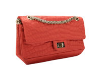 0645. Chanel 2.55 Crocodile Quilted Classic Medium Flap Bag, Red Satin2