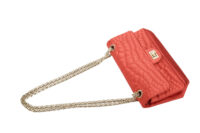 0645. Chanel 2.55 Crocodile Quilted Classic Medium Flap Bag, Red Satin7