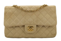 0652. Chanel Vintage Classic Medium Double Flap Bag Beige Quilted Satin, Gold Hardware1
