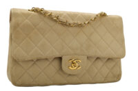 0652. Chanel Vintage Classic Medium Double Flap Bag Beige Quilted Satin, Gold Hardware2