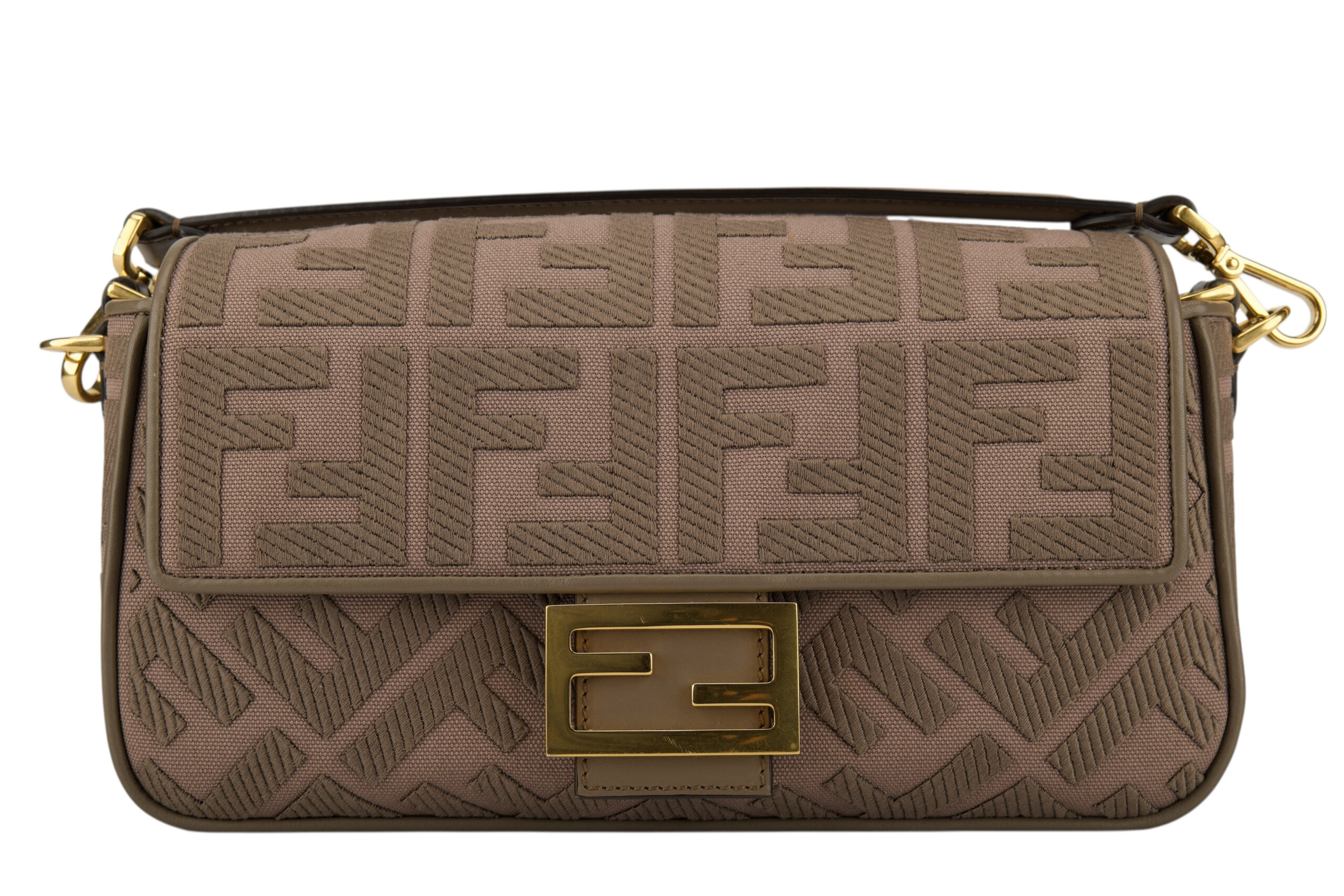 0695. Fendi Baguette Grey FF Zucca Canvas Shoulder Bag, Gold hardware1