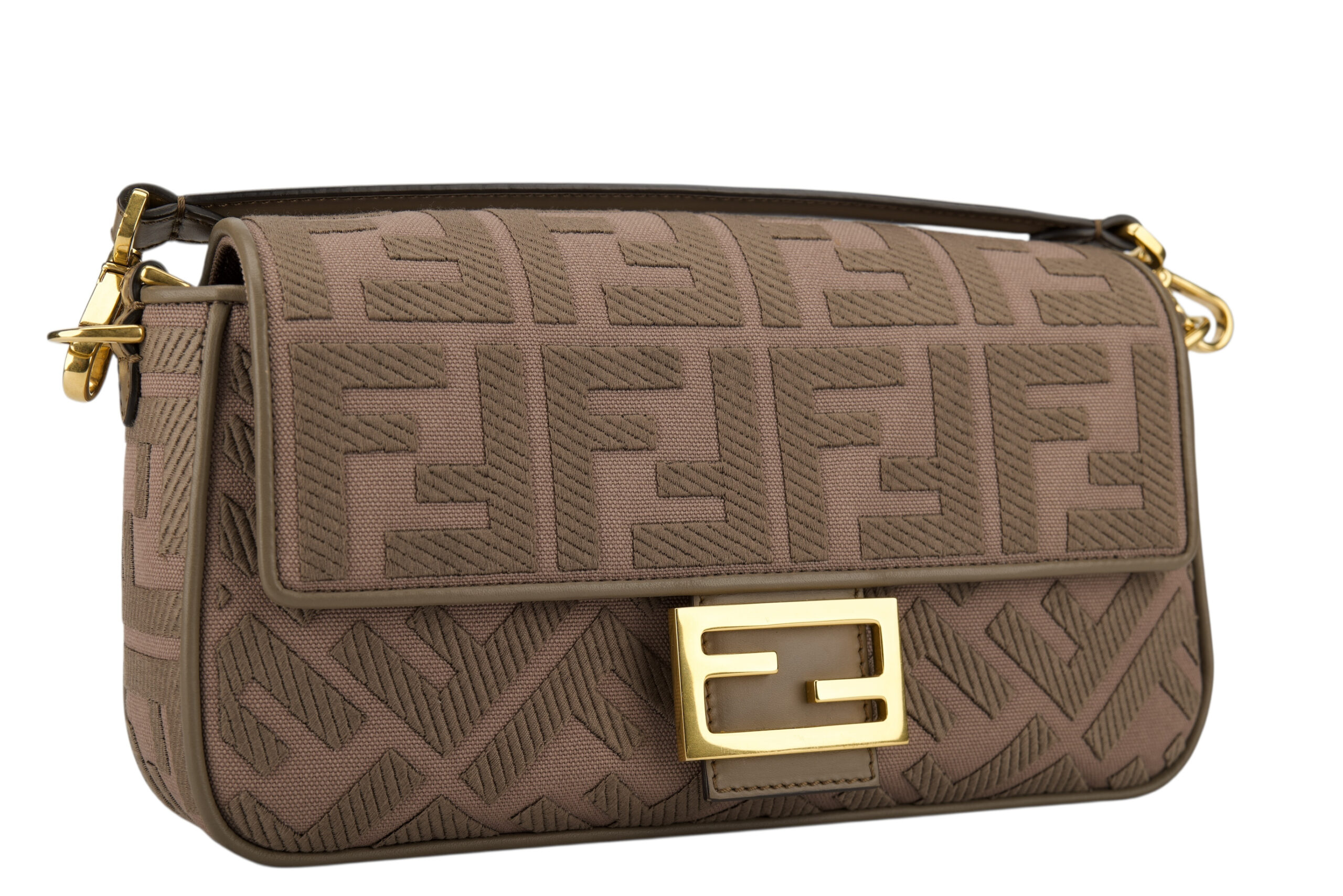 0695. Fendi Baguette Grey FF Zucca Canvas Shoulder Bag, Gold hardware2