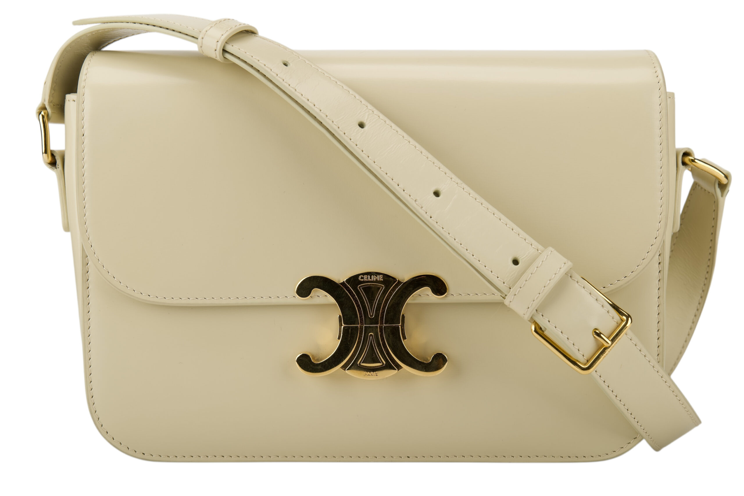 0696. Celine Triomphe Limestone Beige Calfskin Leather Shoulder Bag Gold hardware1