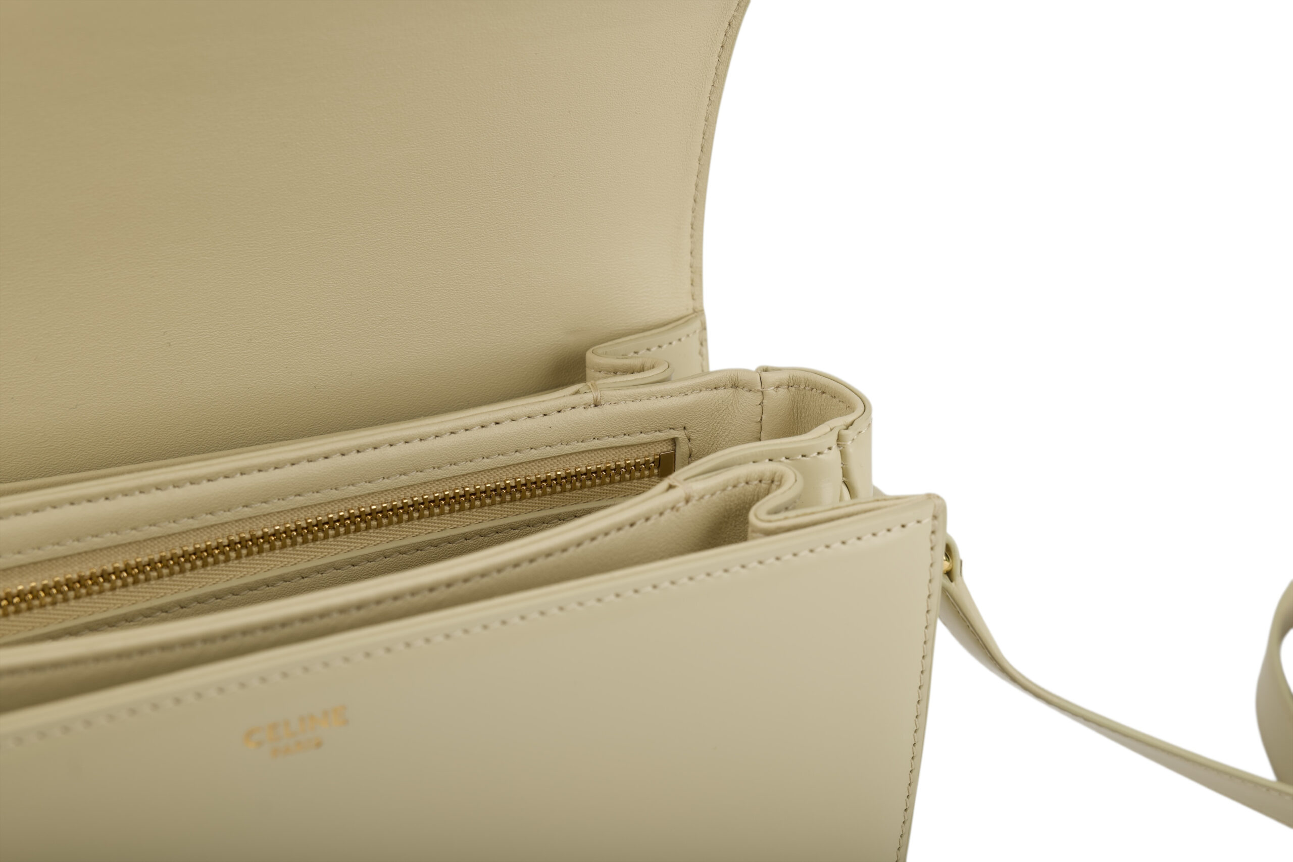0696. Celine Triomphe Limestone Beige Calfskin Leather Shoulder Bag Gold hardware12