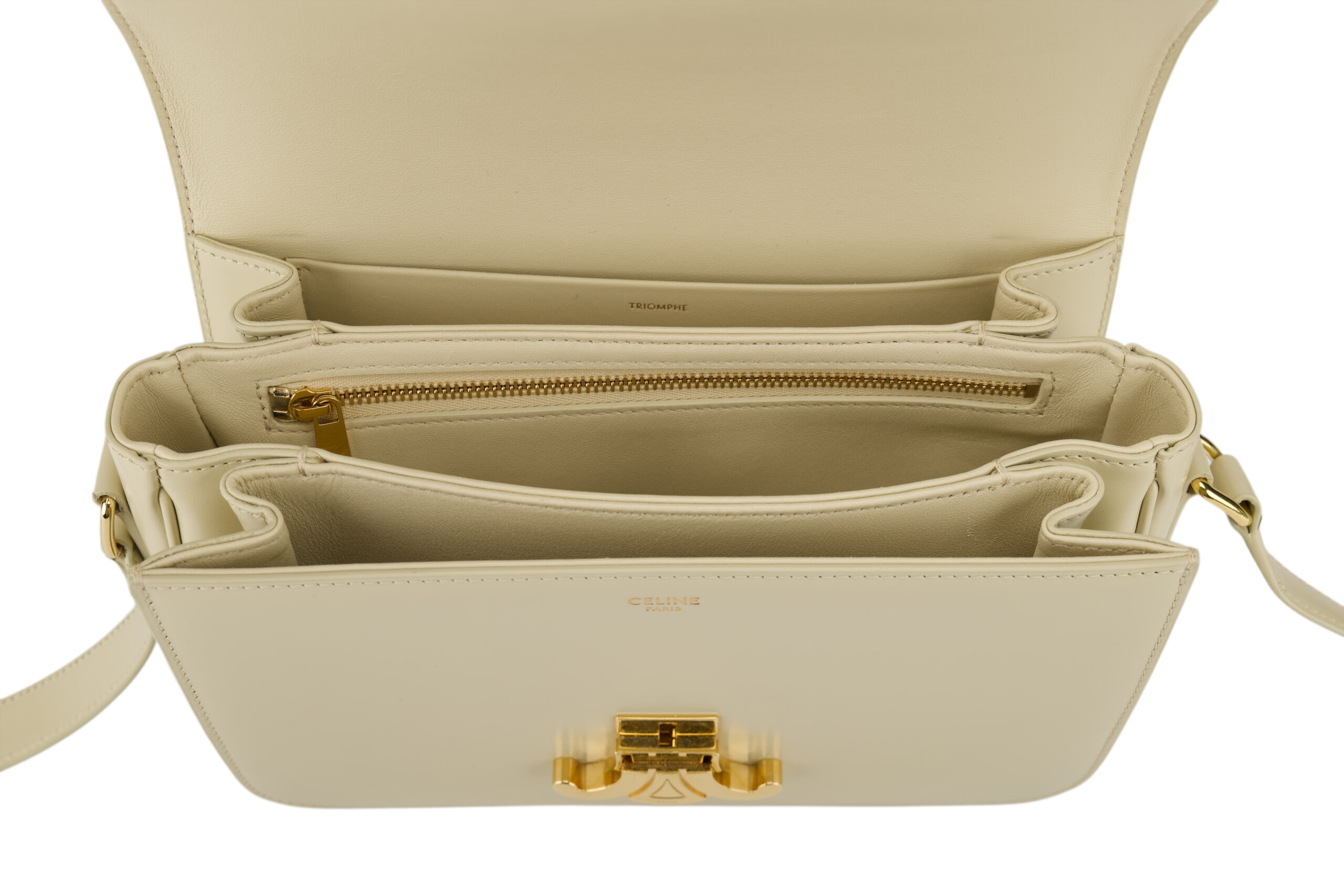 0696. Celine Triomphe Limestone Beige Calfskin Leather Shoulder Bag Gold hardware13