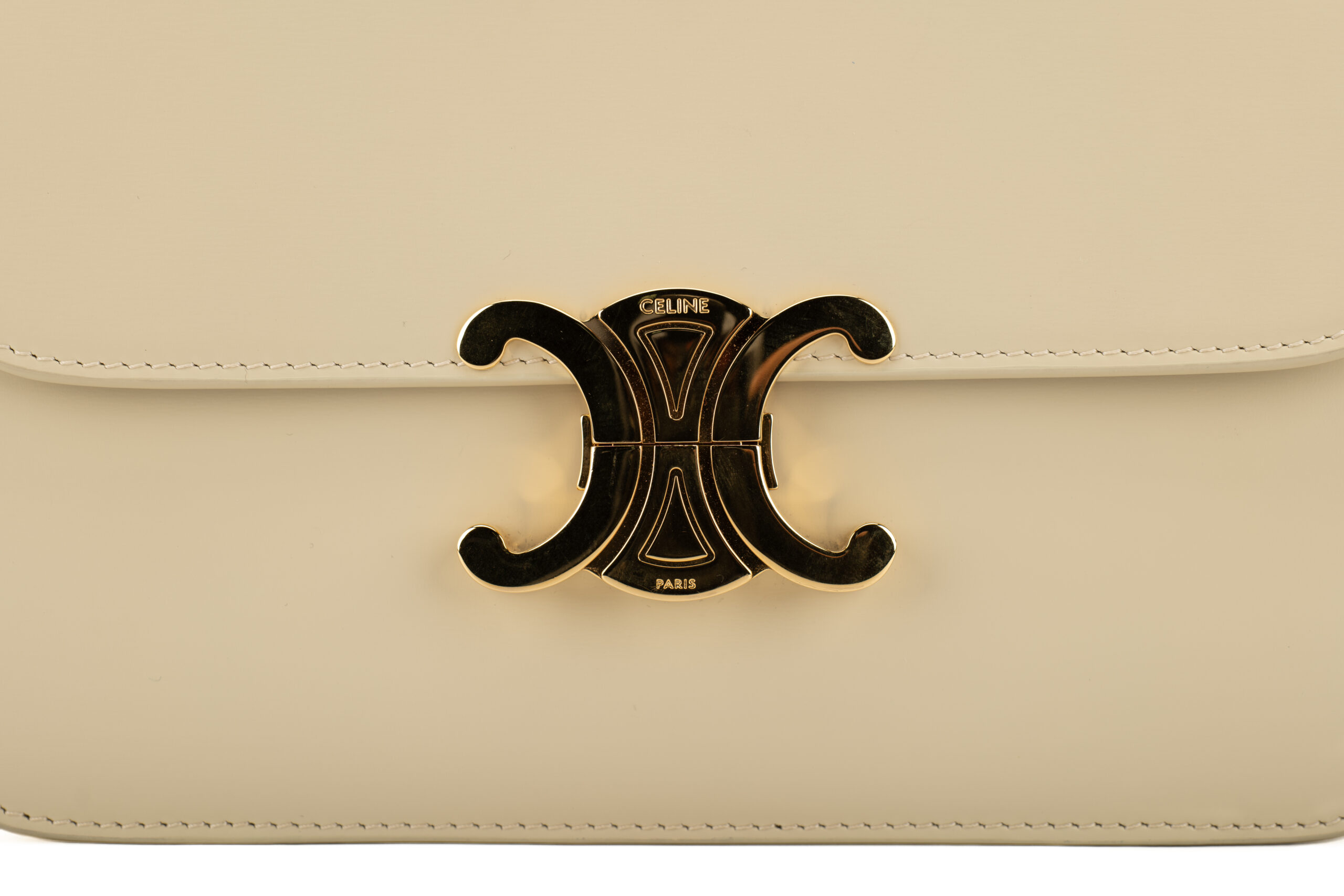 0696. Celine Triomphe Limestone Beige Calfskin Leather Shoulder Bag Gold hardware17