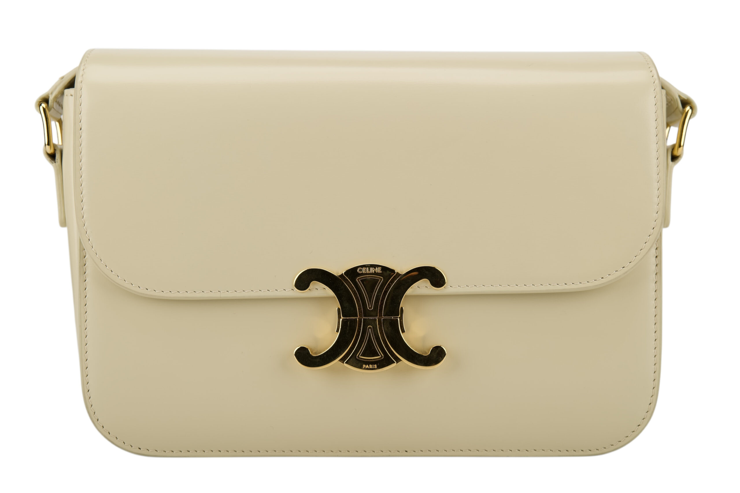 0696. Celine Triomphe Limestone Beige Calfskin Leather Shoulder Bag Gold hardware2