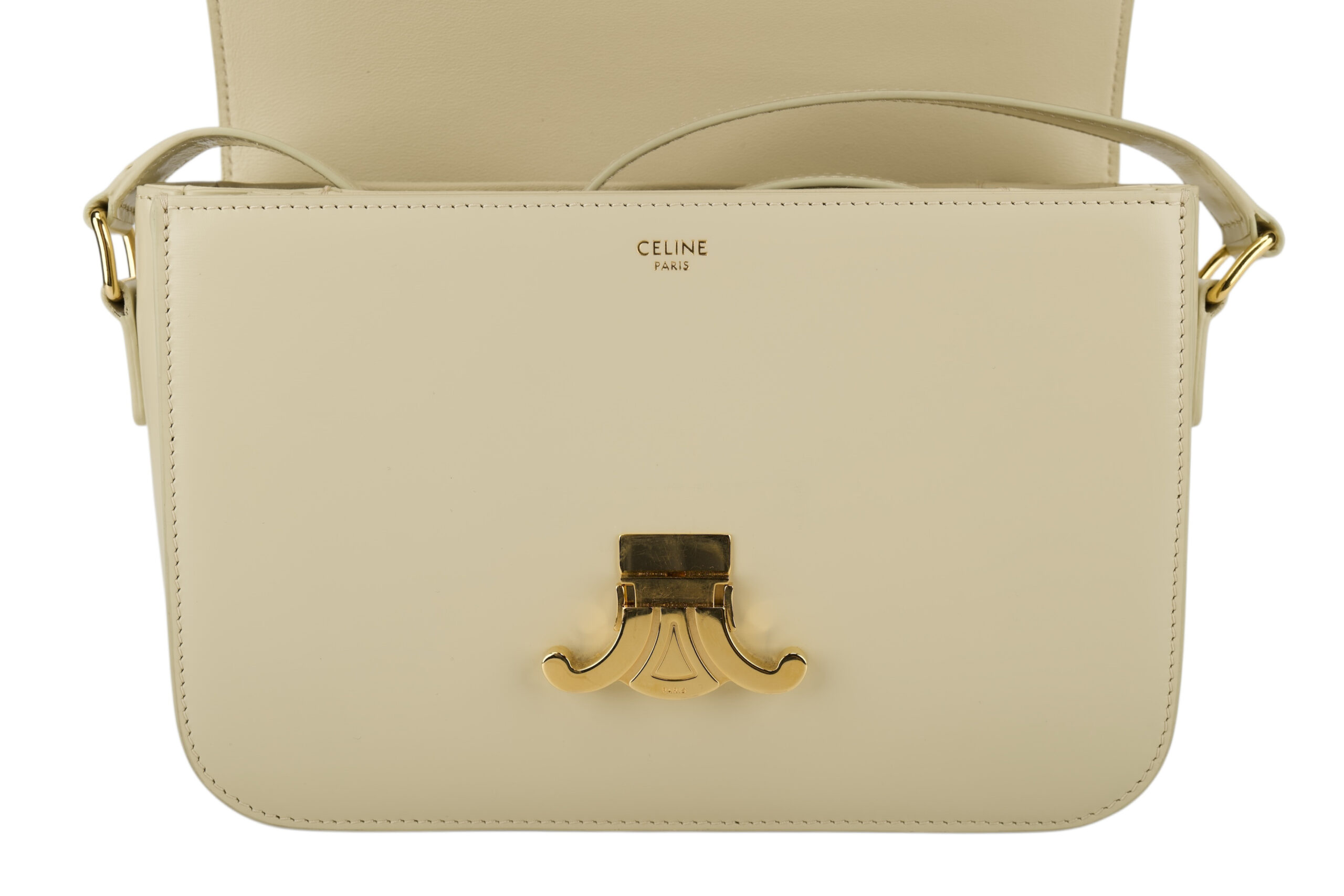 0696. Celine Triomphe Limestone Beige Calfskin Leather Shoulder Bag Gold hardware8