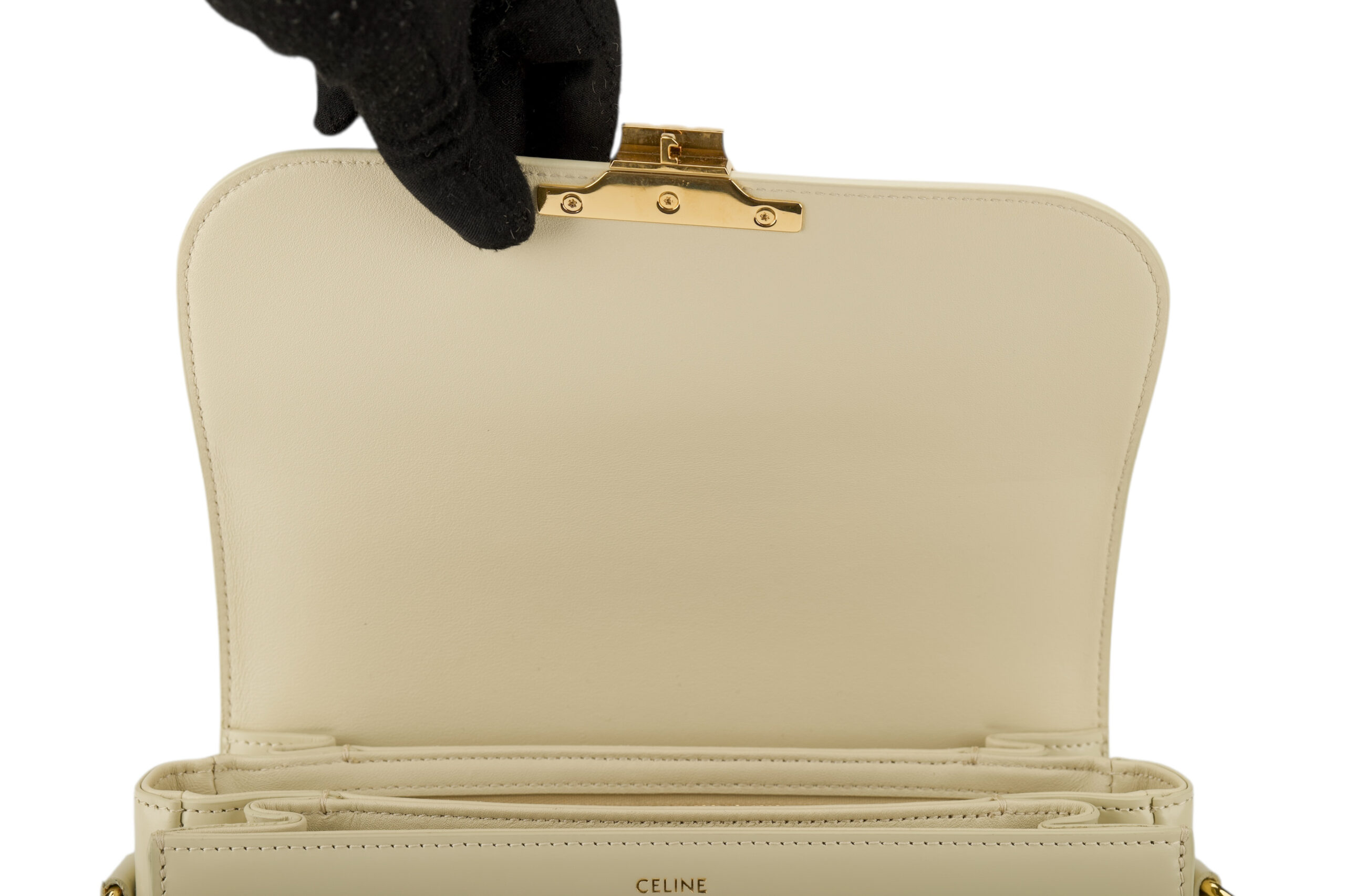 0696. Celine Triomphe Limestone Beige Calfskin Leather Shoulder Bag Gold hardware9