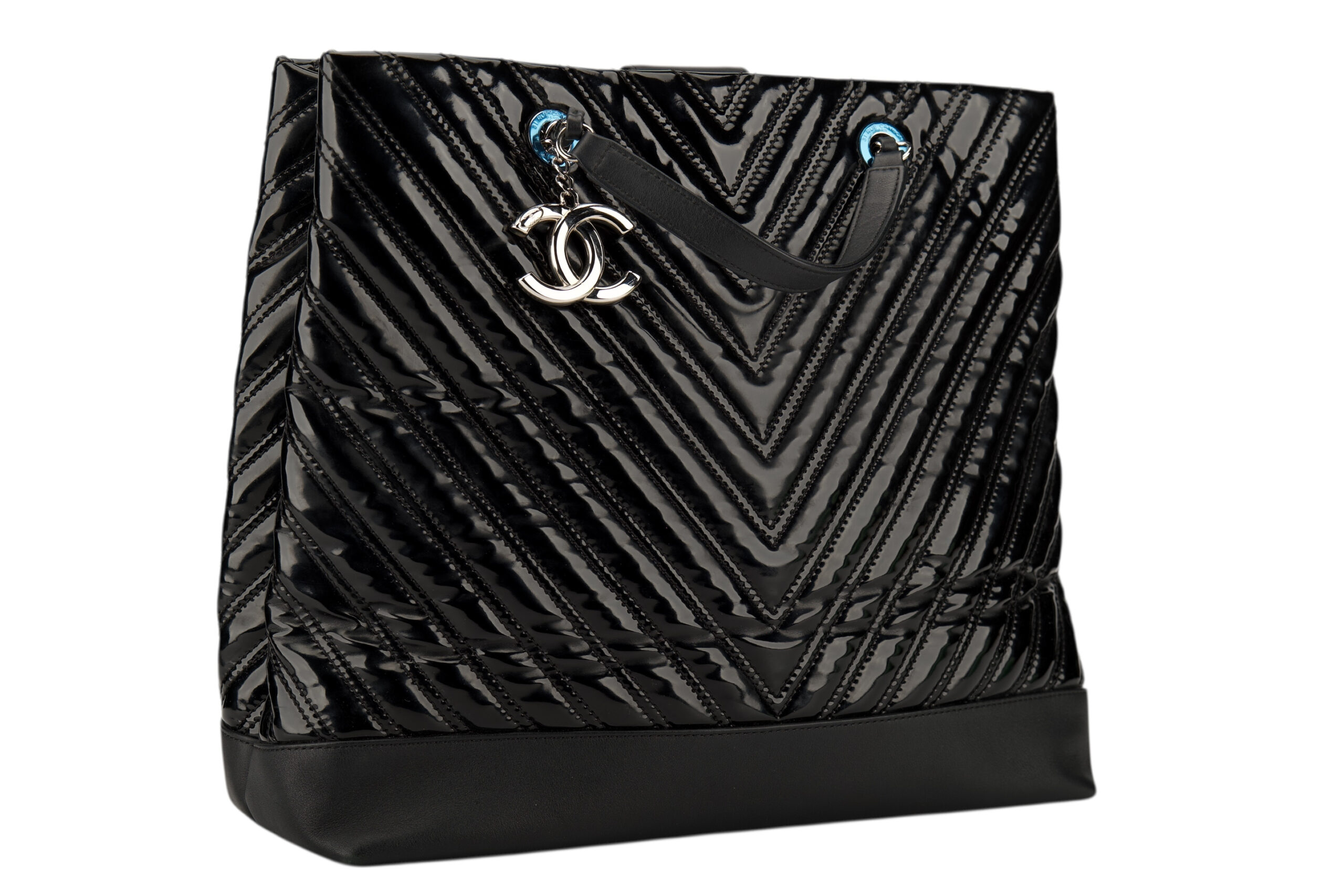 0700. Chanel Chevron Black Patent Leather Tote, Silver Hardware3