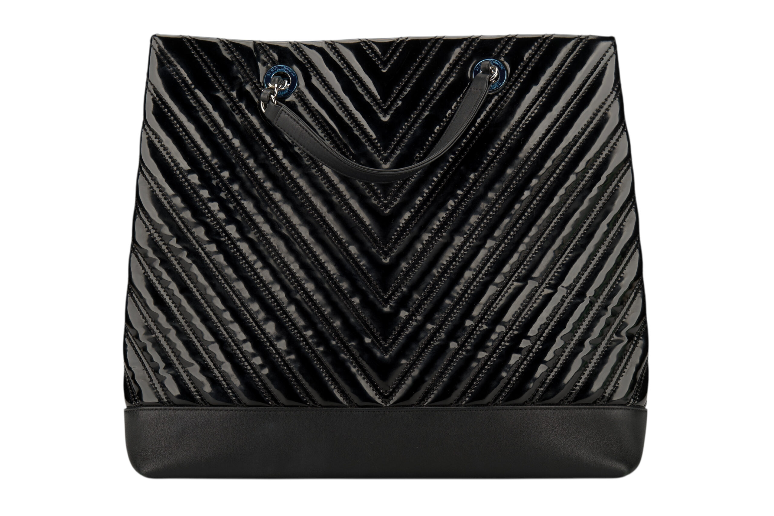 0700. Chanel Chevron Black Patent Leather Tote, Silver Hardware4