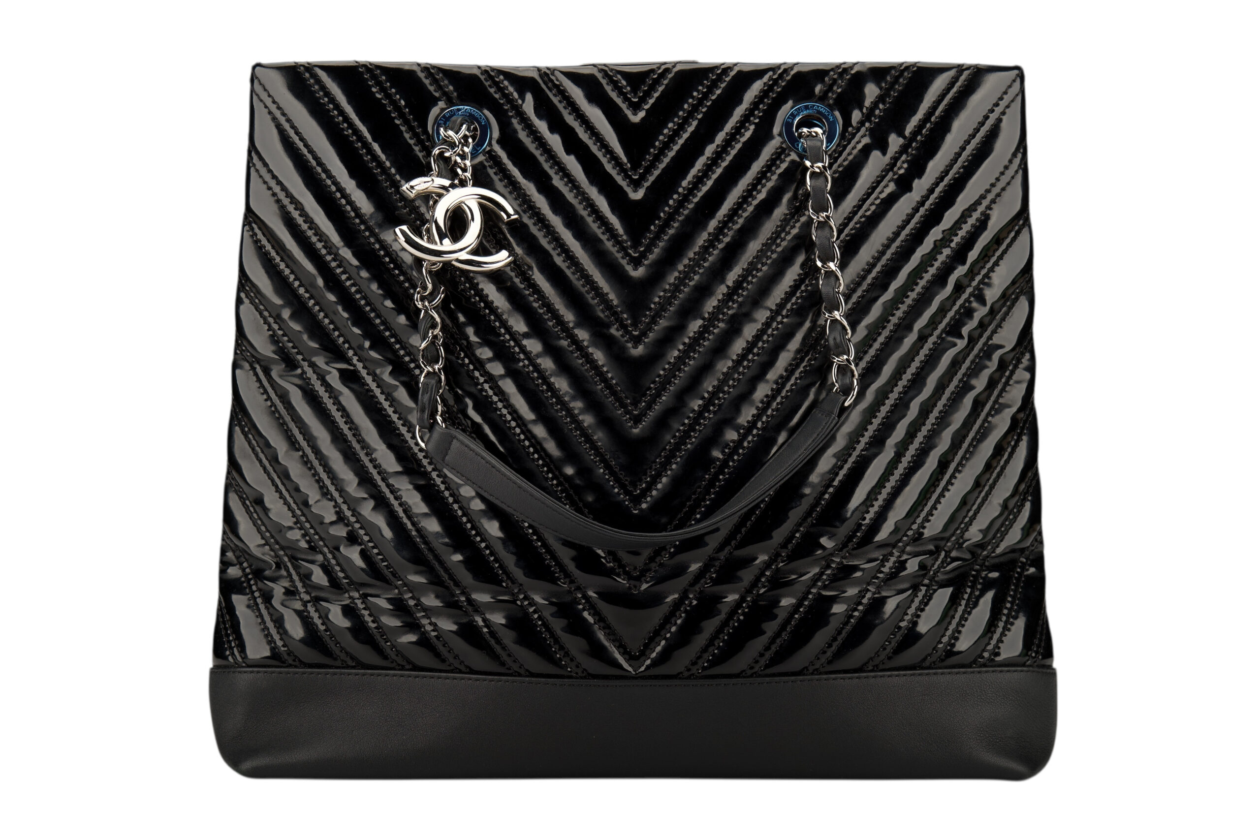 0700. Chanel Chevron Black Patent Leather Tote, Silver Hardware6