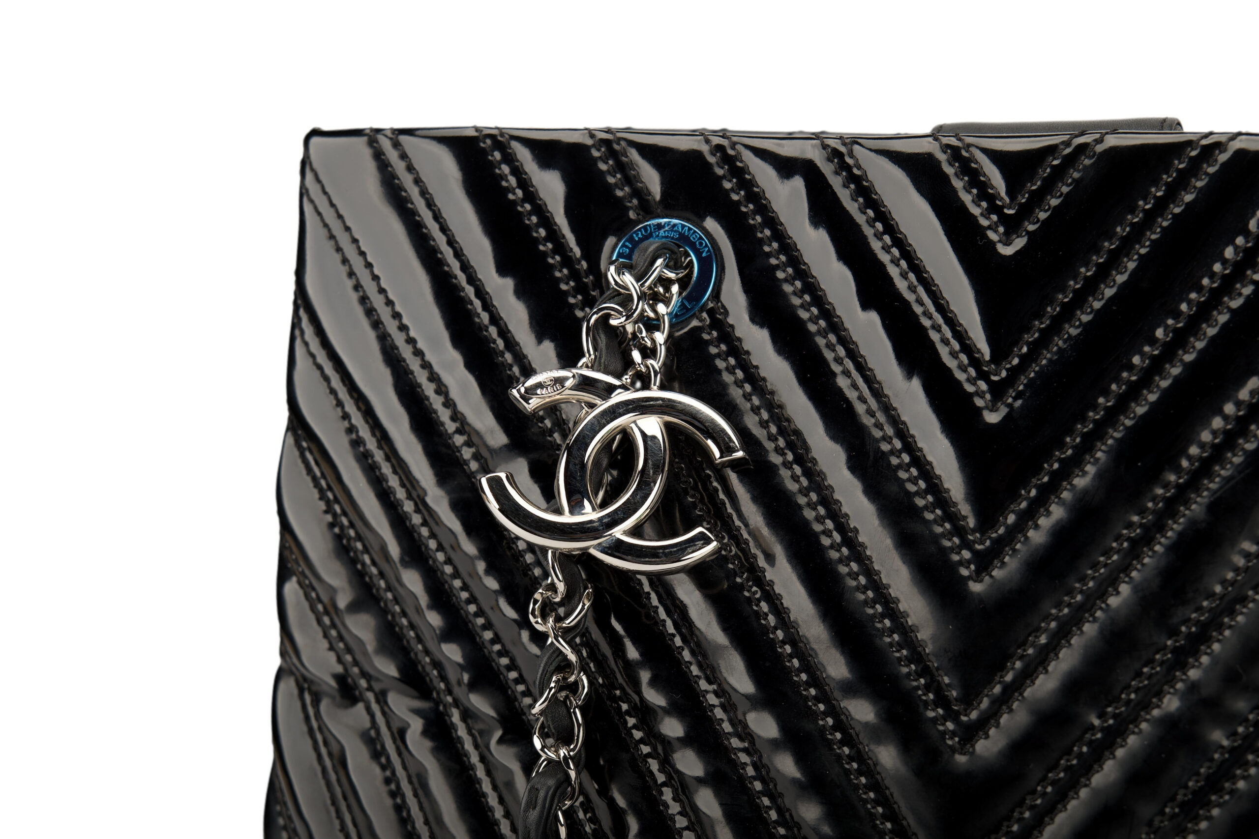 0700. Chanel Chevron Black Patent Leather Tote, Silver Hardware7