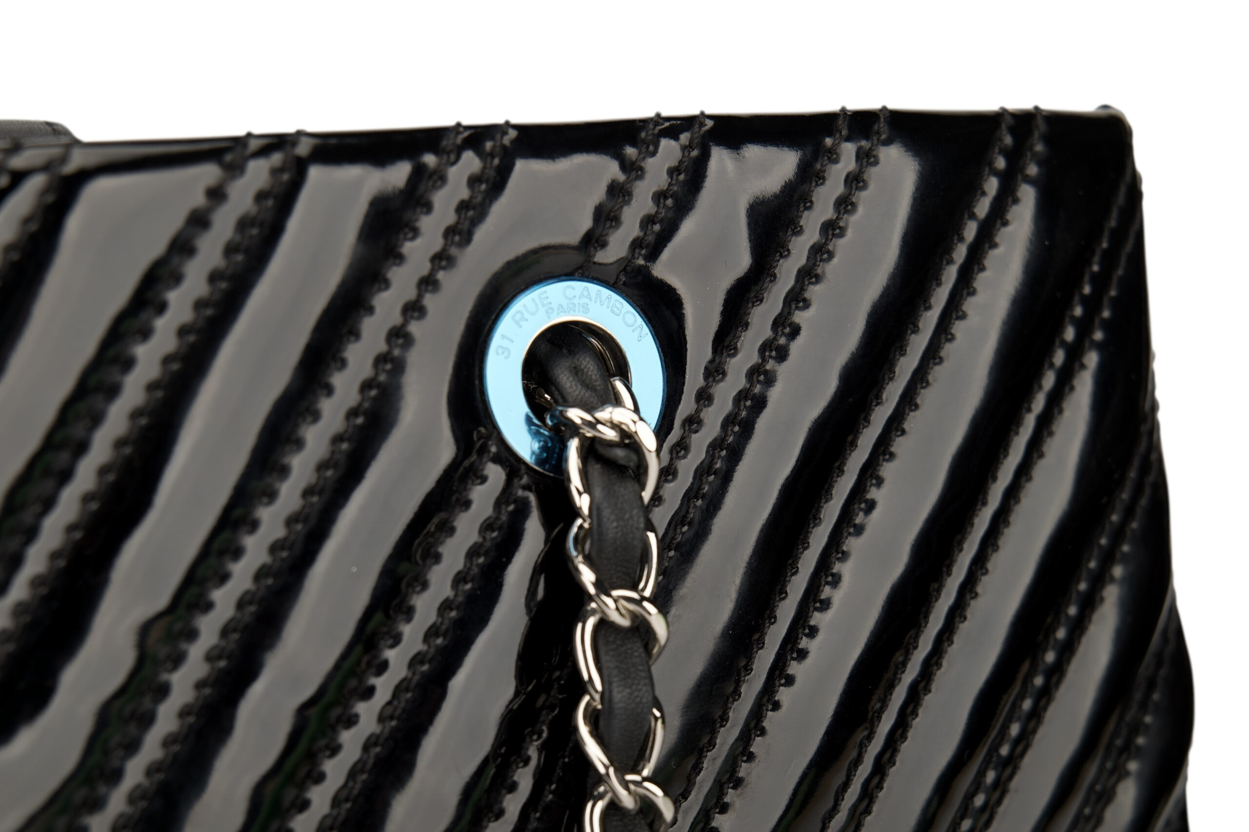 0700. Chanel Chevron Black Patent Leather Tote, Silver Hardware9