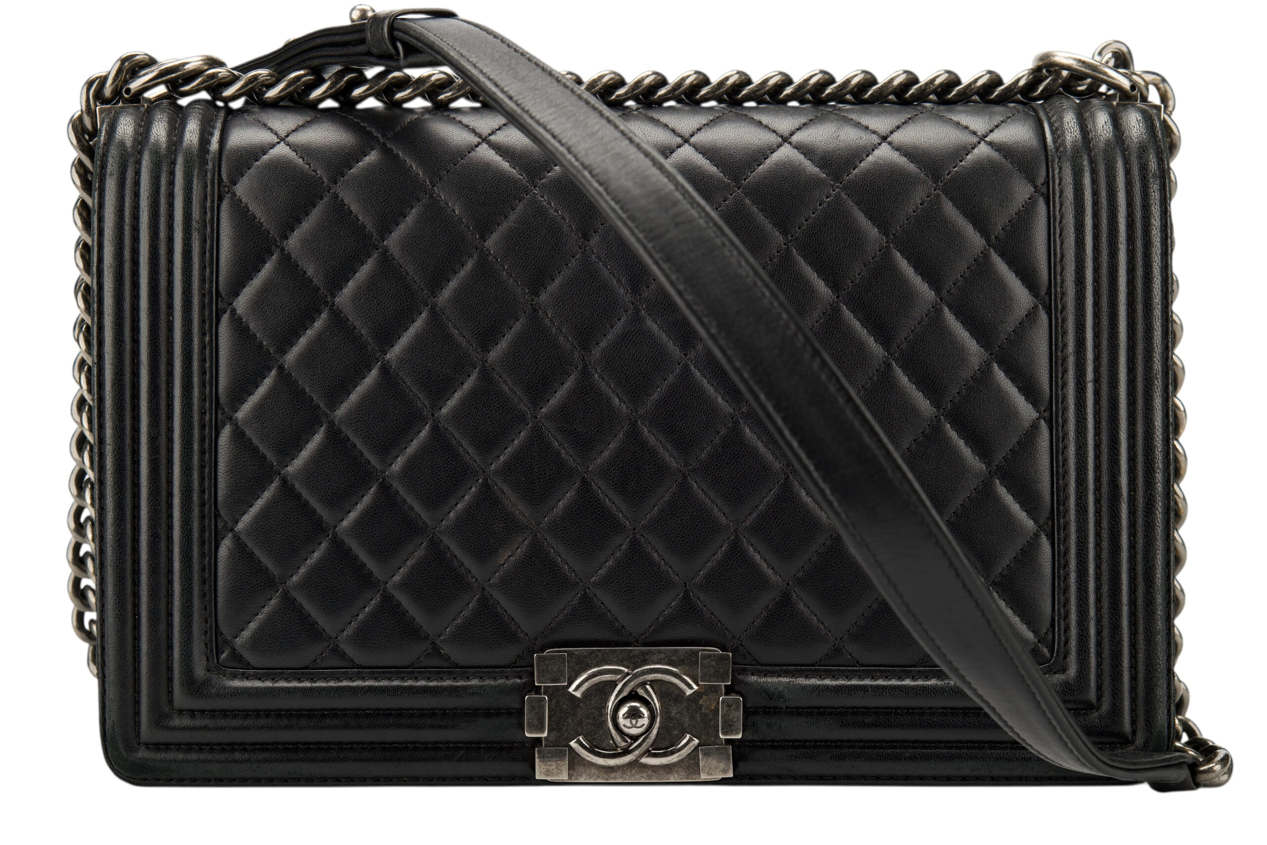 0711. Chanel Boy Bag Large Black Lambskin Diamond Quilted Leather, Ruthenium Hardware1