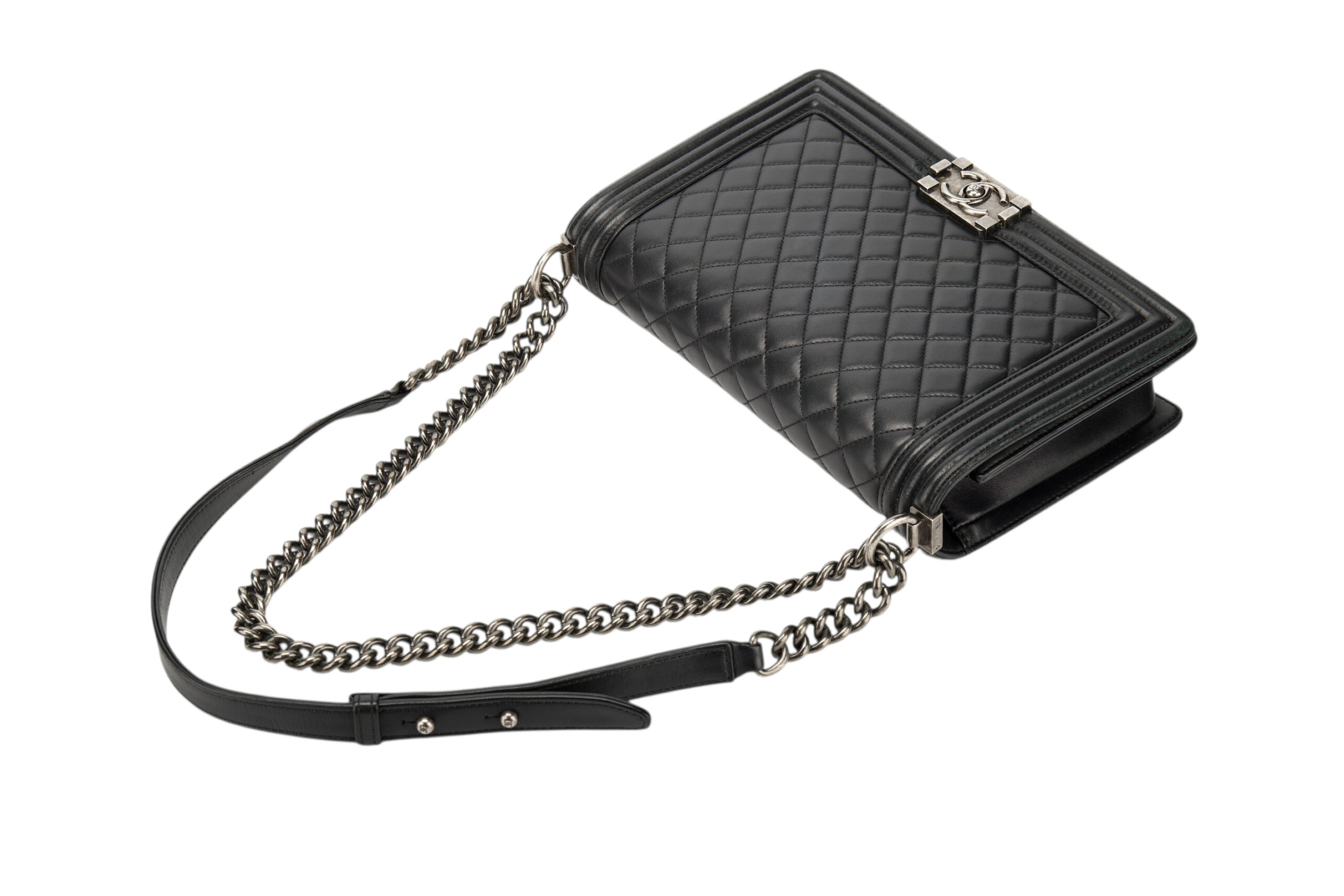 0711. Chanel Boy Bag Large Black Lambskin Diamond Quilted Leather, Ruthenium Hardware10