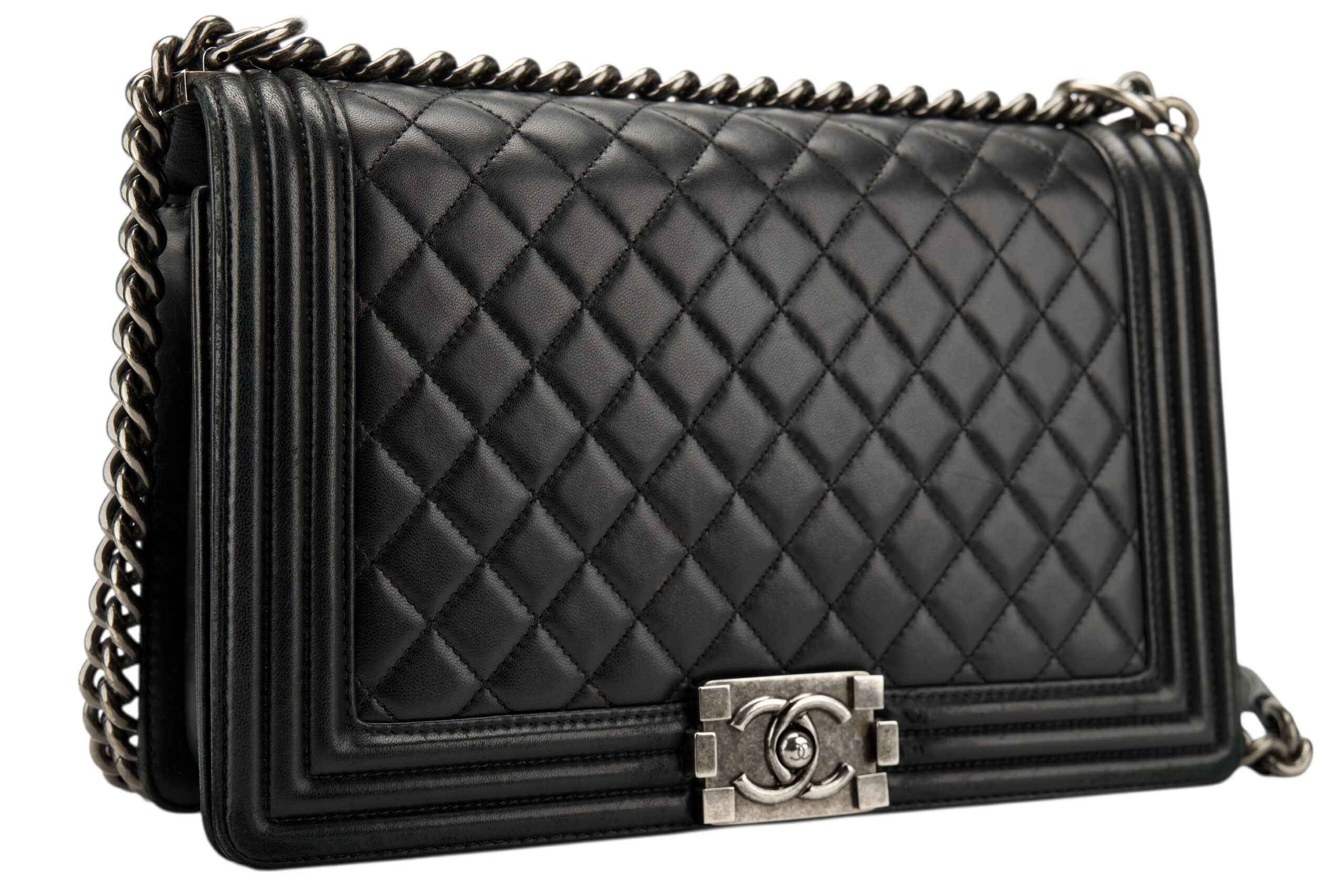 0711. Chanel Boy Bag Large Black Lambskin Diamond Quilted Leather, Ruthenium Hardware3