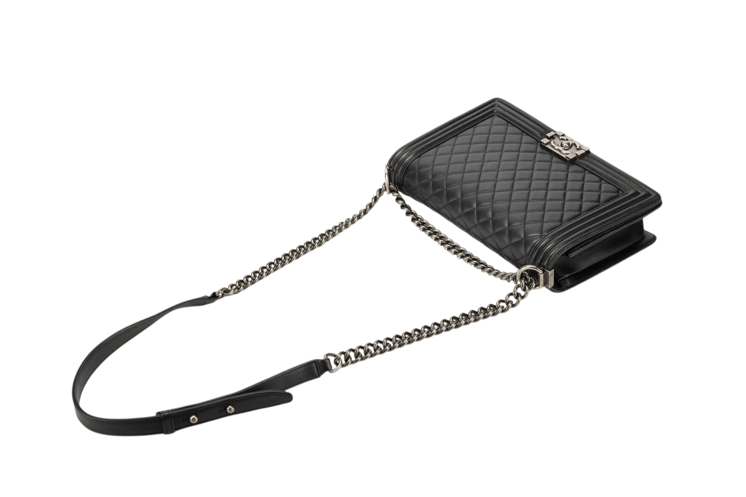 0711. Chanel Boy Bag Large Black Lambskin Diamond Quilted Leather, Ruthenium Hardware8