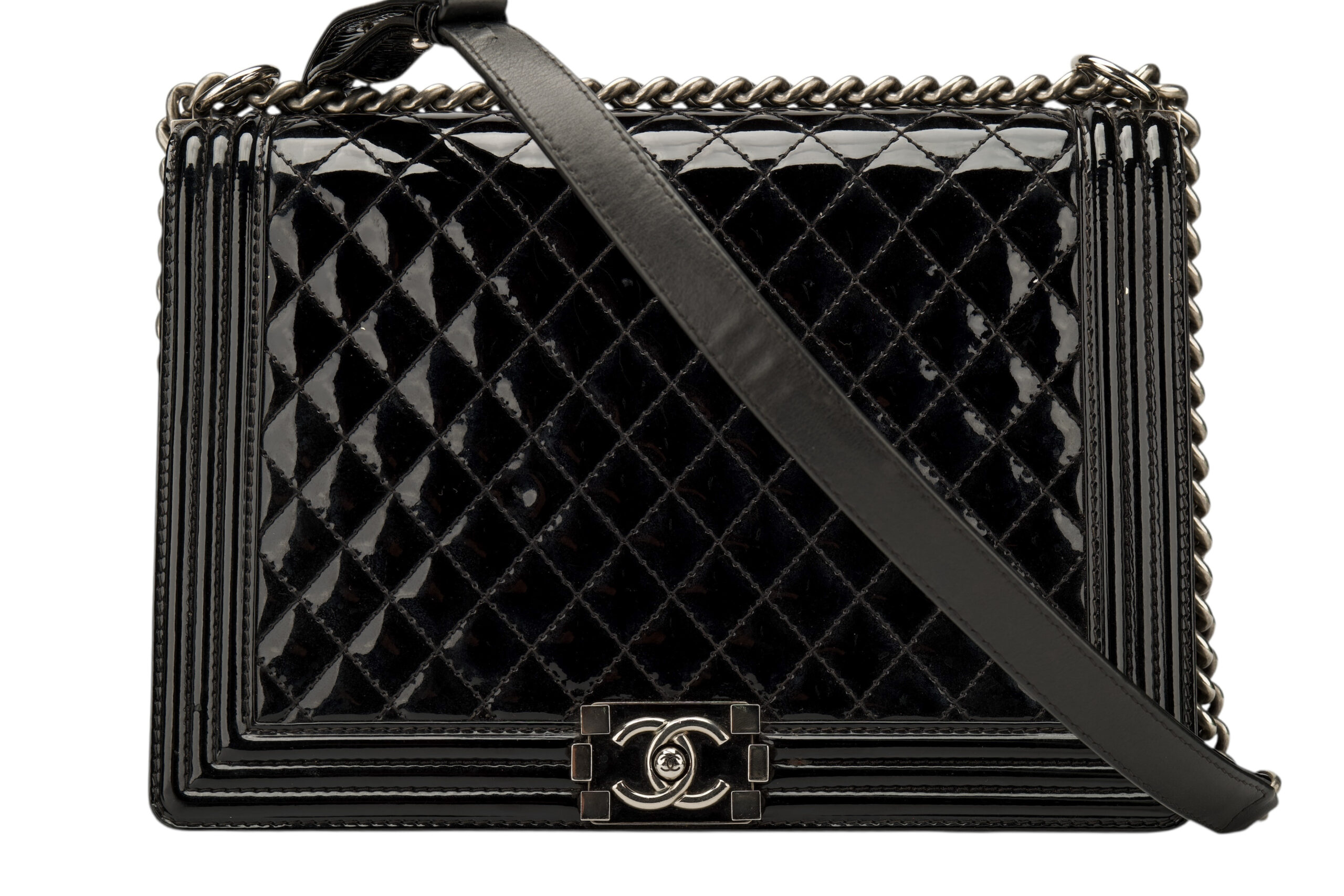0713. Chanel Boy Bag Large Black Quilted Patent Leather, Ruthenium Hardware1