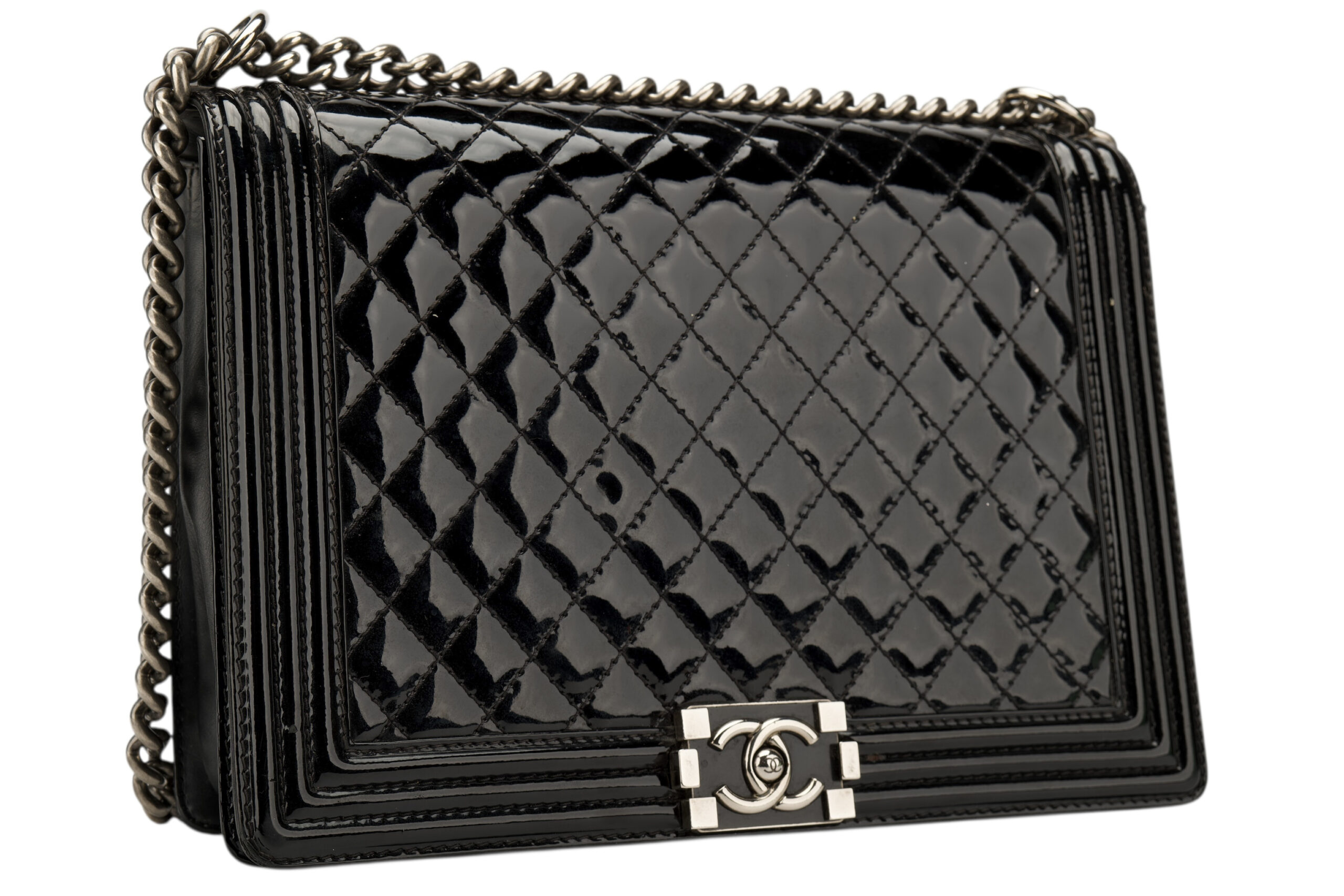 0713. Chanel Boy Bag Large Black Quilted Patent Leather, Ruthenium Hardware2
