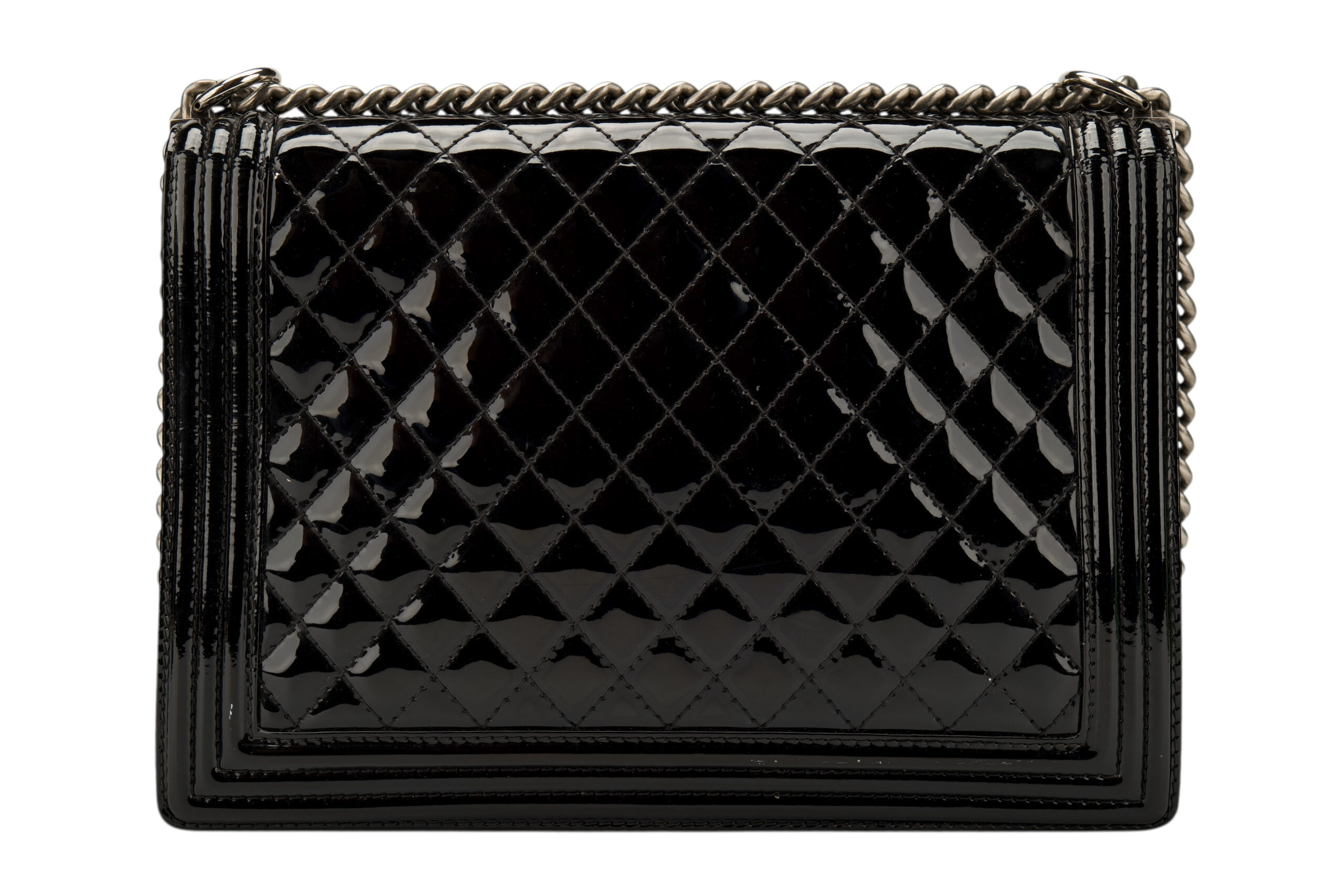 0713. Chanel Boy Bag Large Black Quilted Patent Leather, Ruthenium Hardware5
