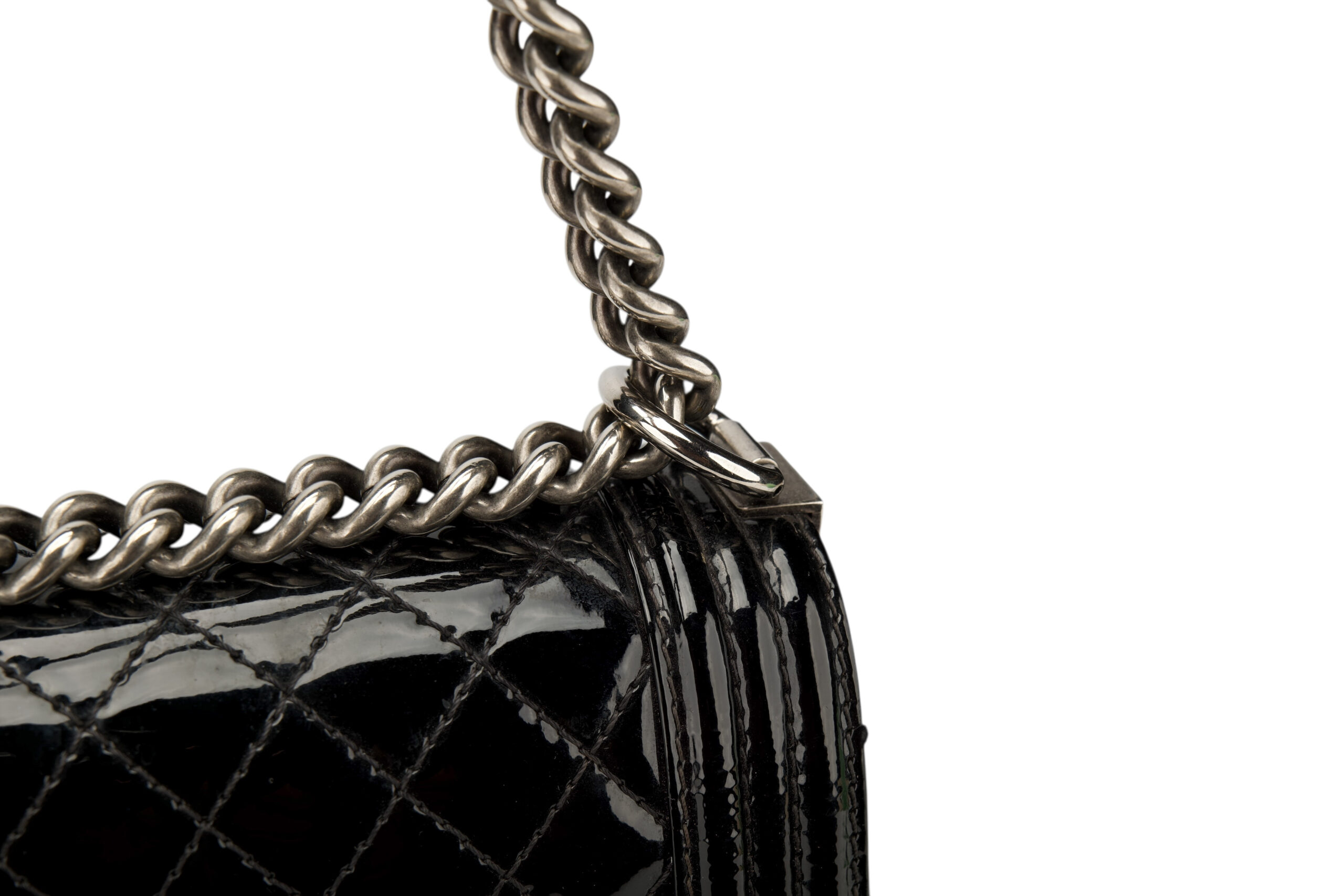 0713. Chanel Boy Bag Large Black Quilted Patent Leather, Ruthenium Hardware8