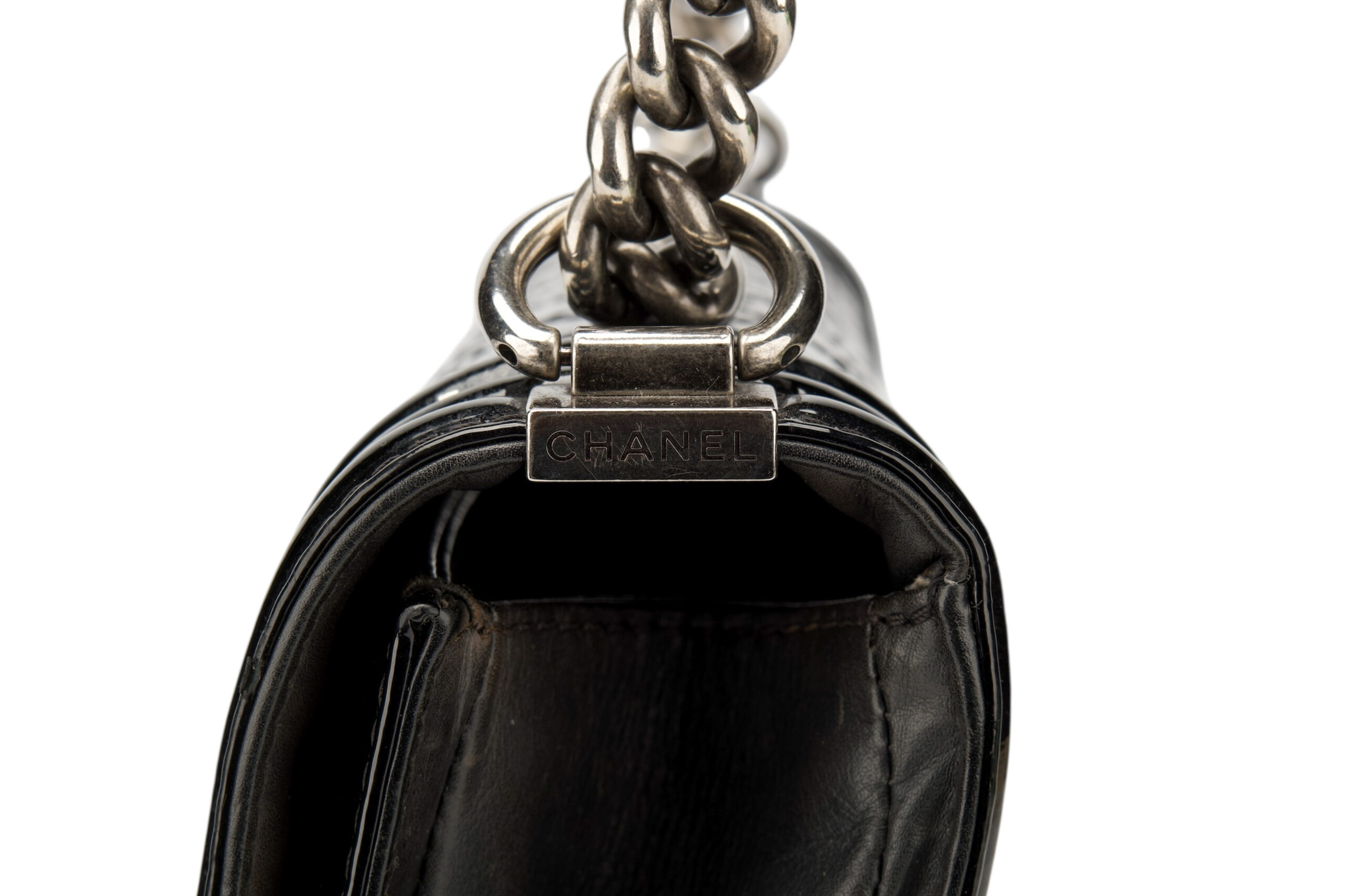 0713. Chanel Boy Bag Large Black Quilted Patent Leather, Ruthenium Hardware9