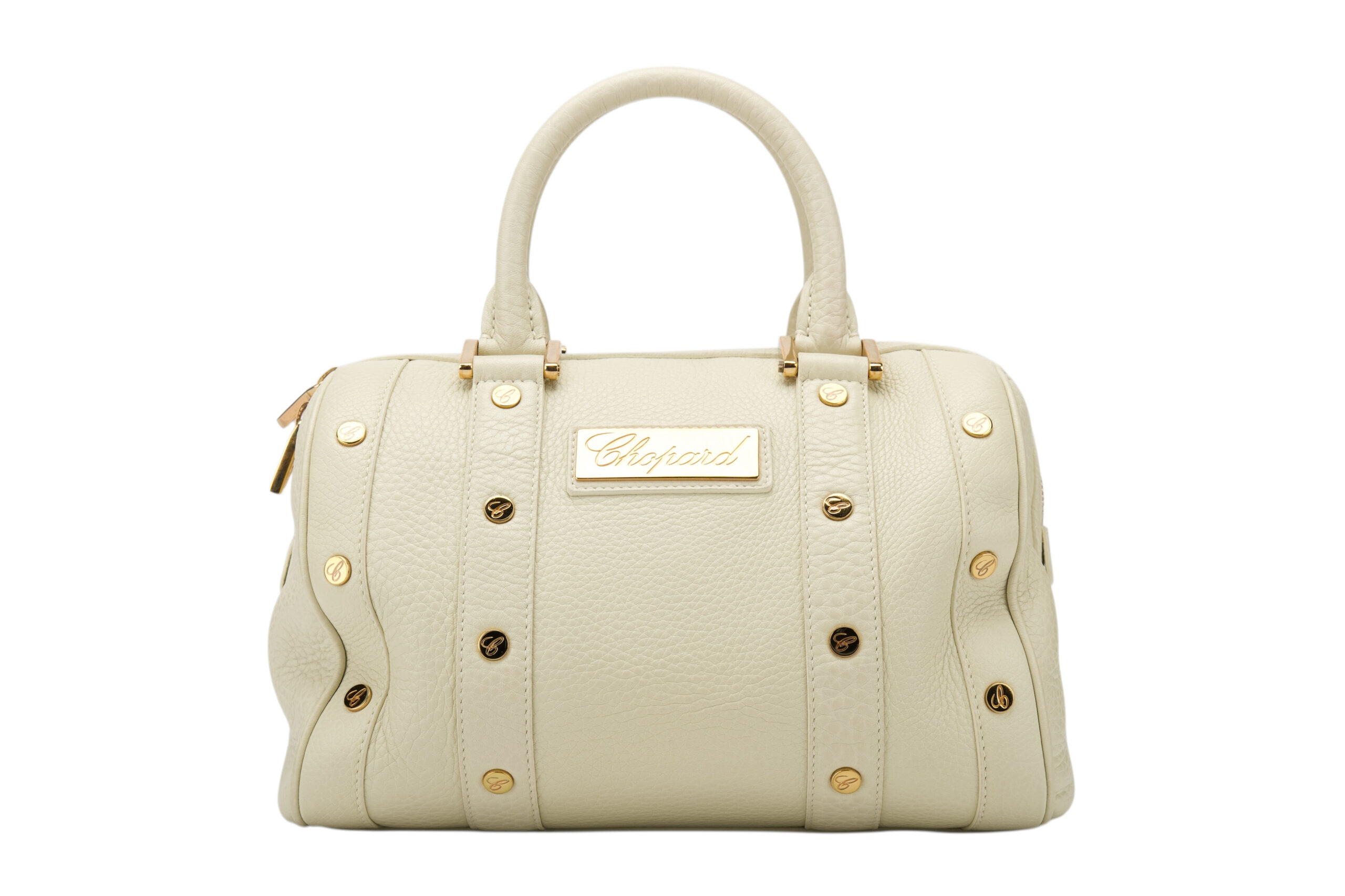 0720. Chopard Off White Pebbled Leather Studded Boston Bag1