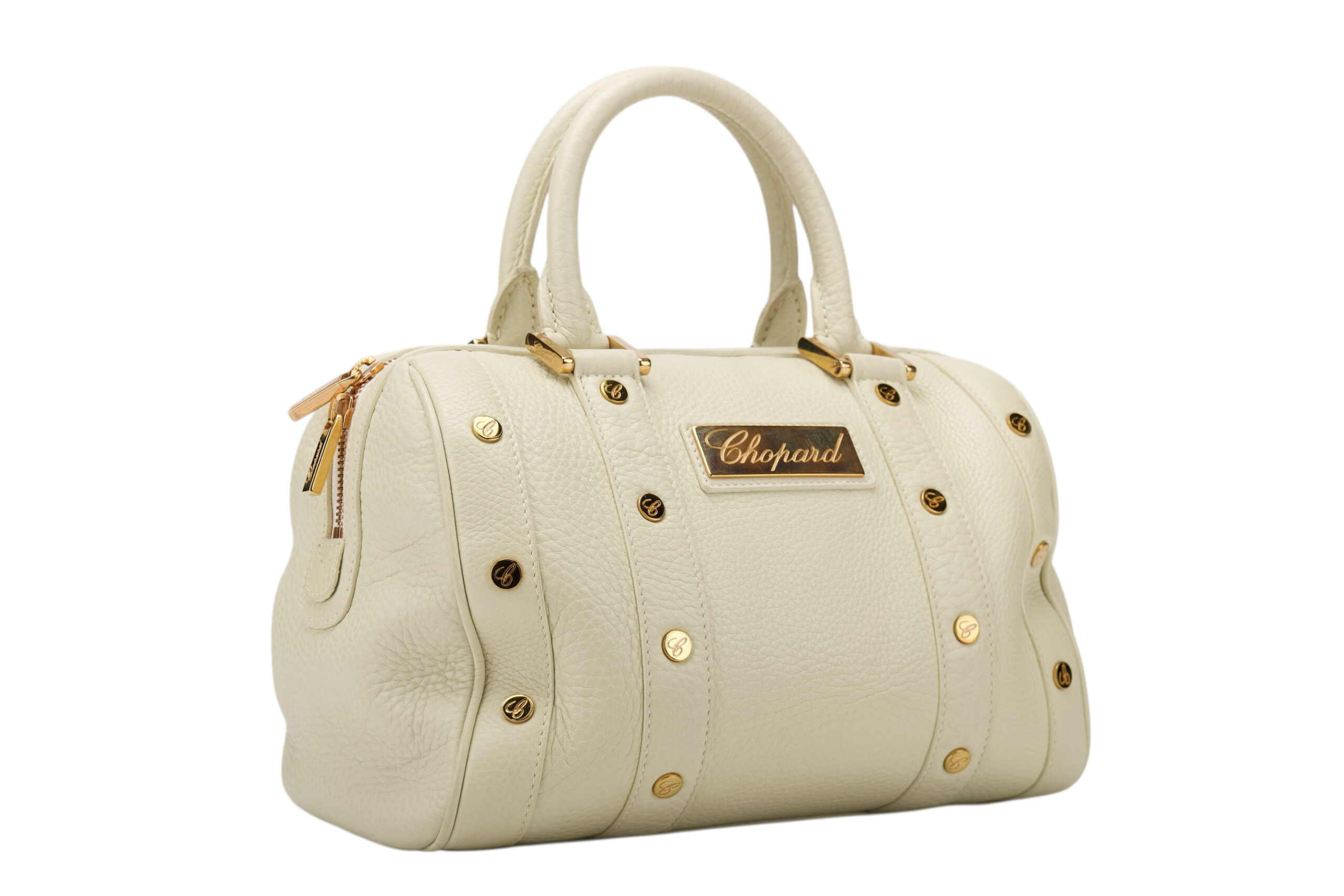 0720. Chopard Off White Pebbled Leather Studded Boston Bag2