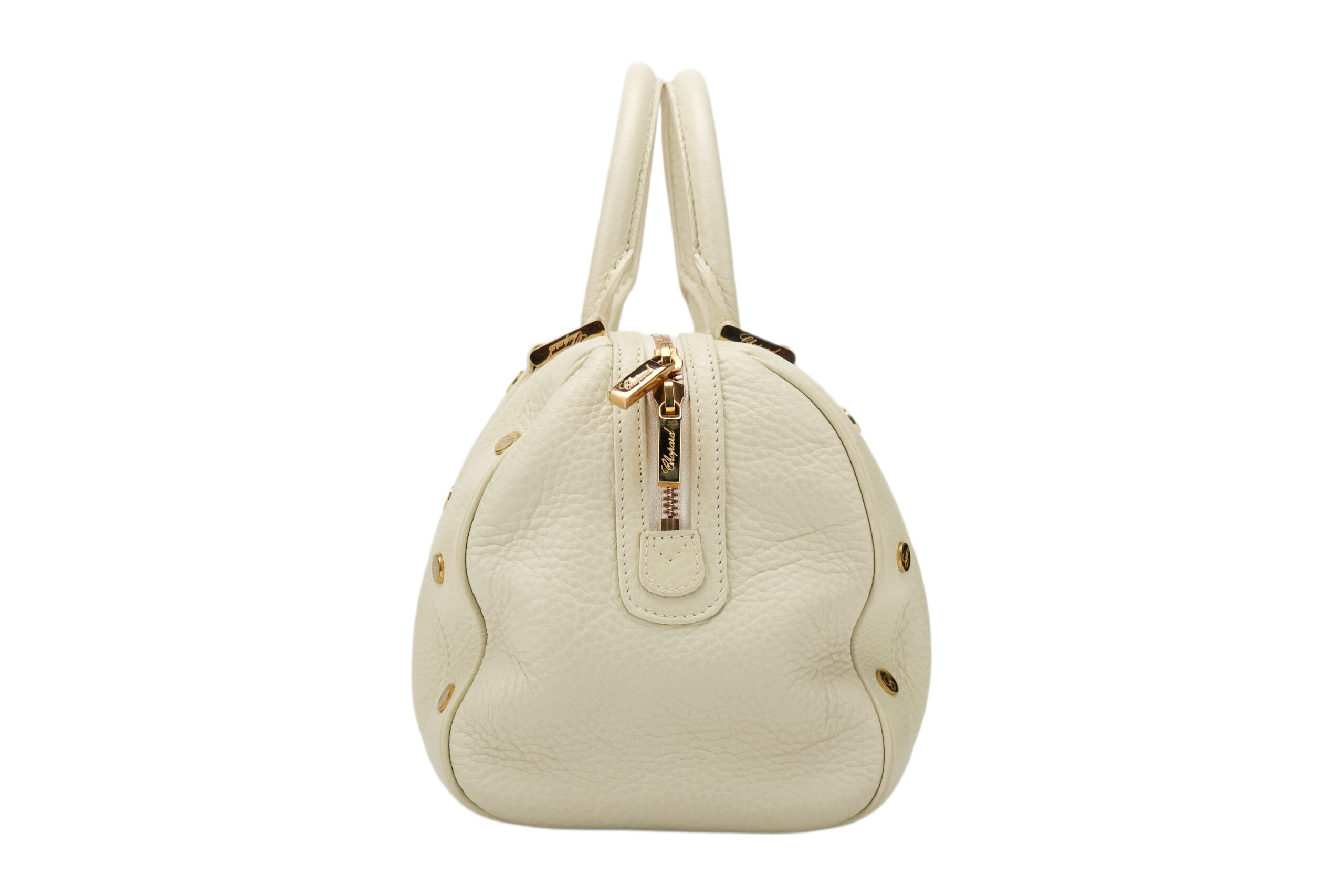 0720. Chopard Off White Pebbled Leather Studded Boston Bag3