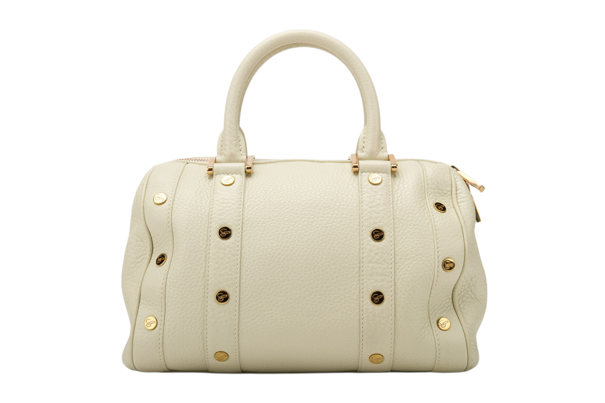 0720. Chopard Off White Pebbled Leather Studded Boston Bag4