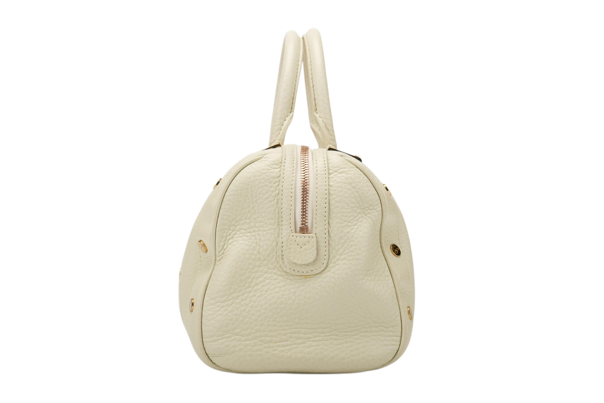 0720. Chopard Off White Pebbled Leather Studded Boston Bag5