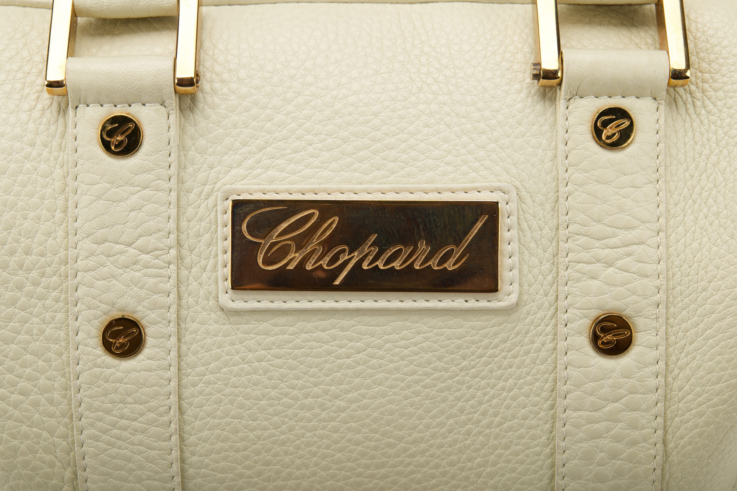 0720. Chopard Off White Pebbled Leather Studded Boston Bag7