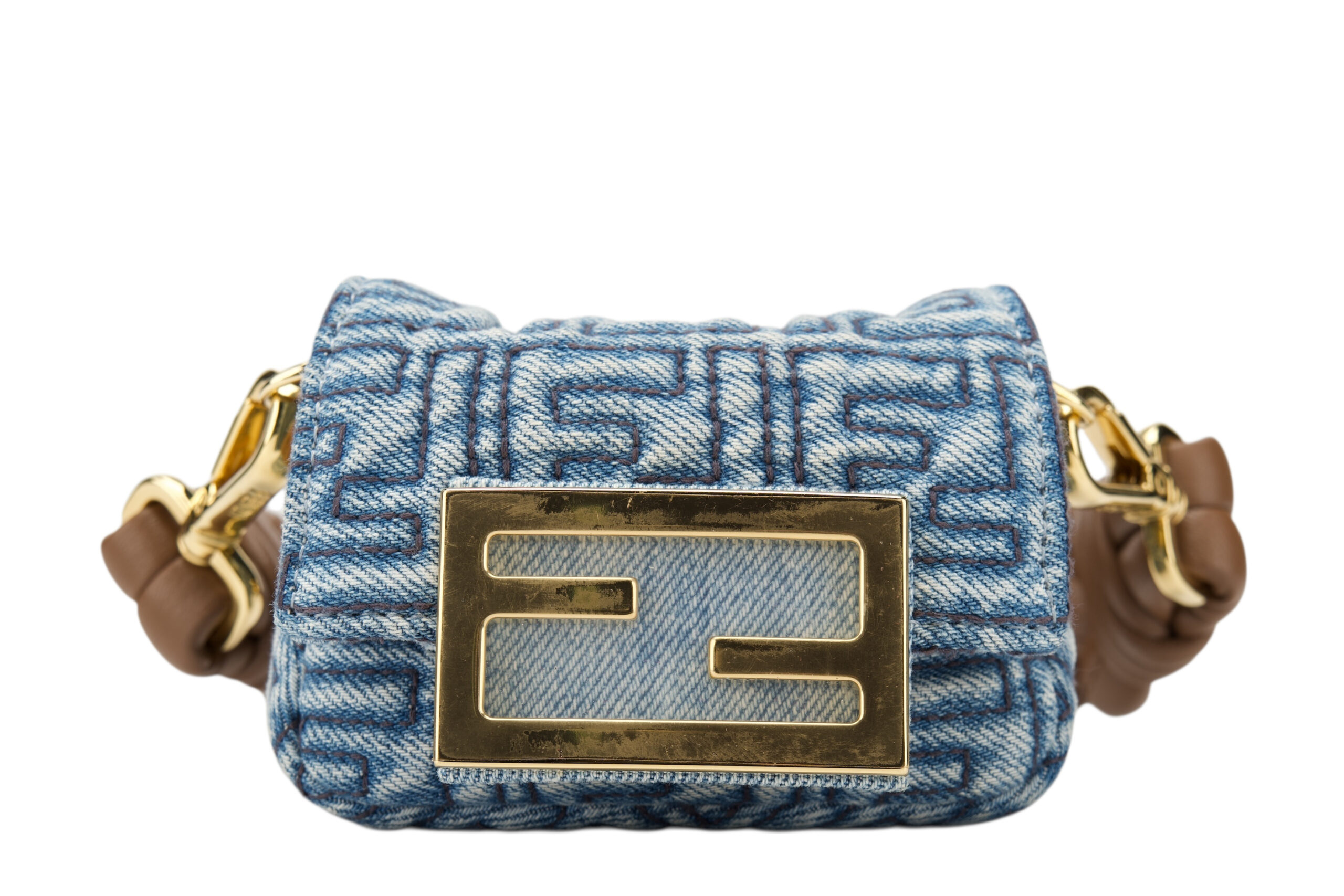 0740. Fendi Nano Baguette Blue Denim Mini Bag, Gold Hardware1