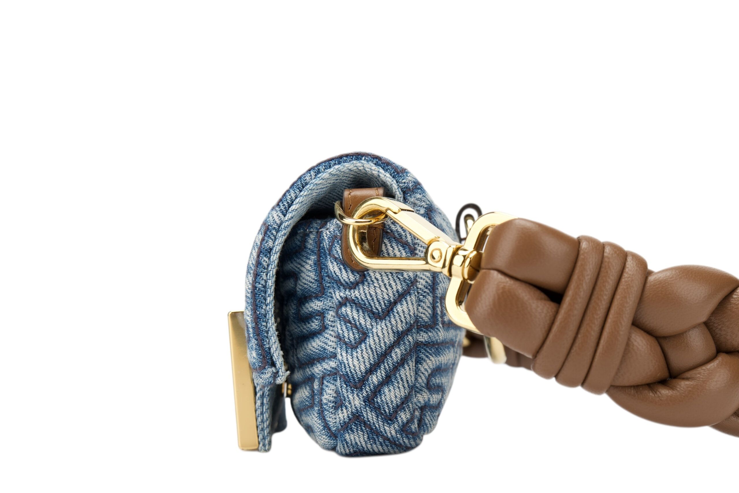 0740. Fendi Nano Baguette Blue Denim Mini Bag, Gold Hardware4