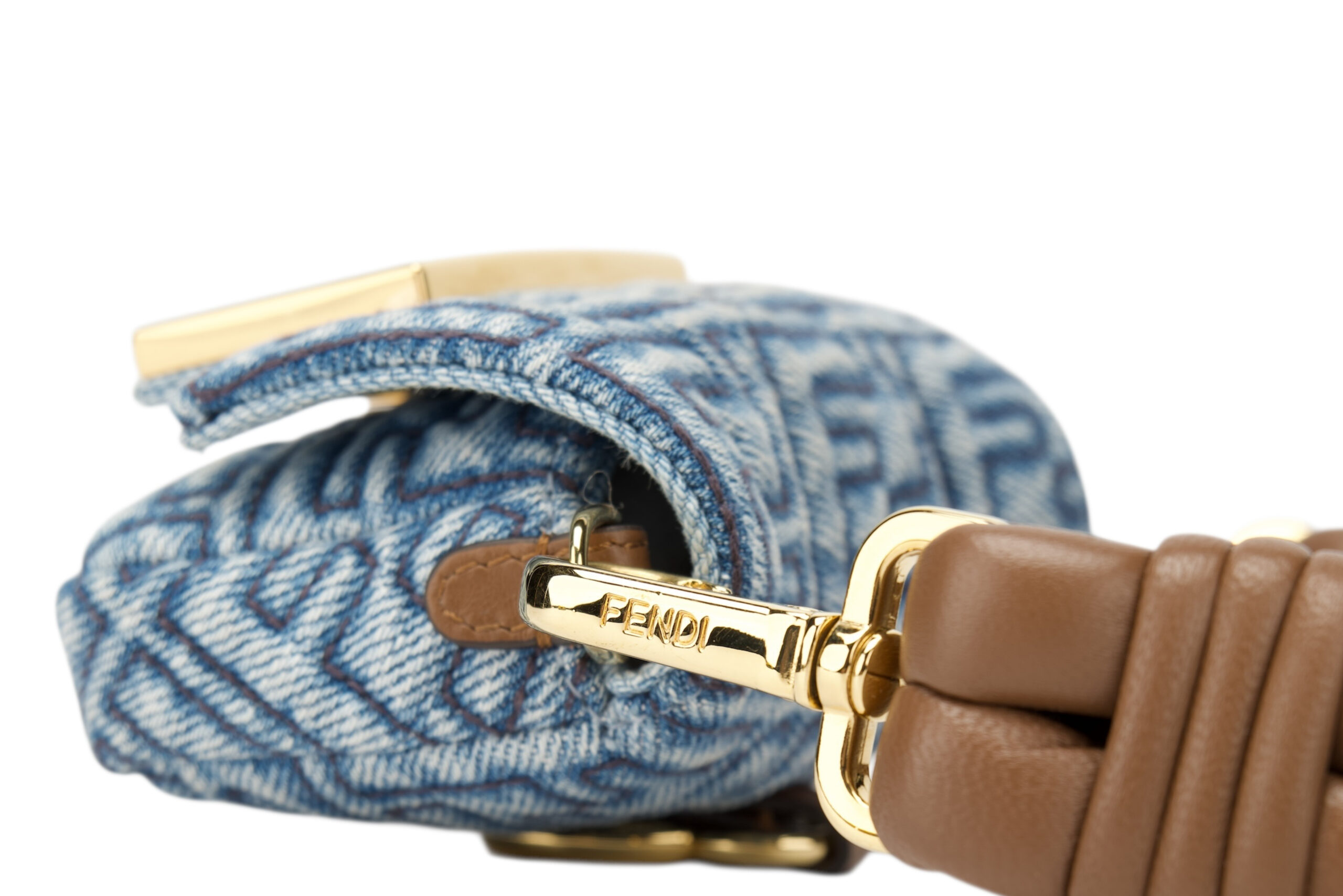 0740. Fendi Nano Baguette Blue Denim Mini Bag, Gold Hardware9