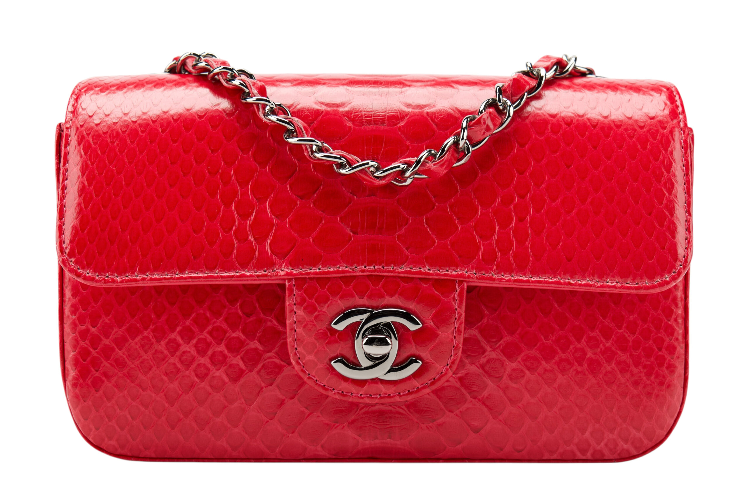 0749. Chanel Classic Mini Rectangle Flap Bag Pink Exotic Leather, Silver Hardware1