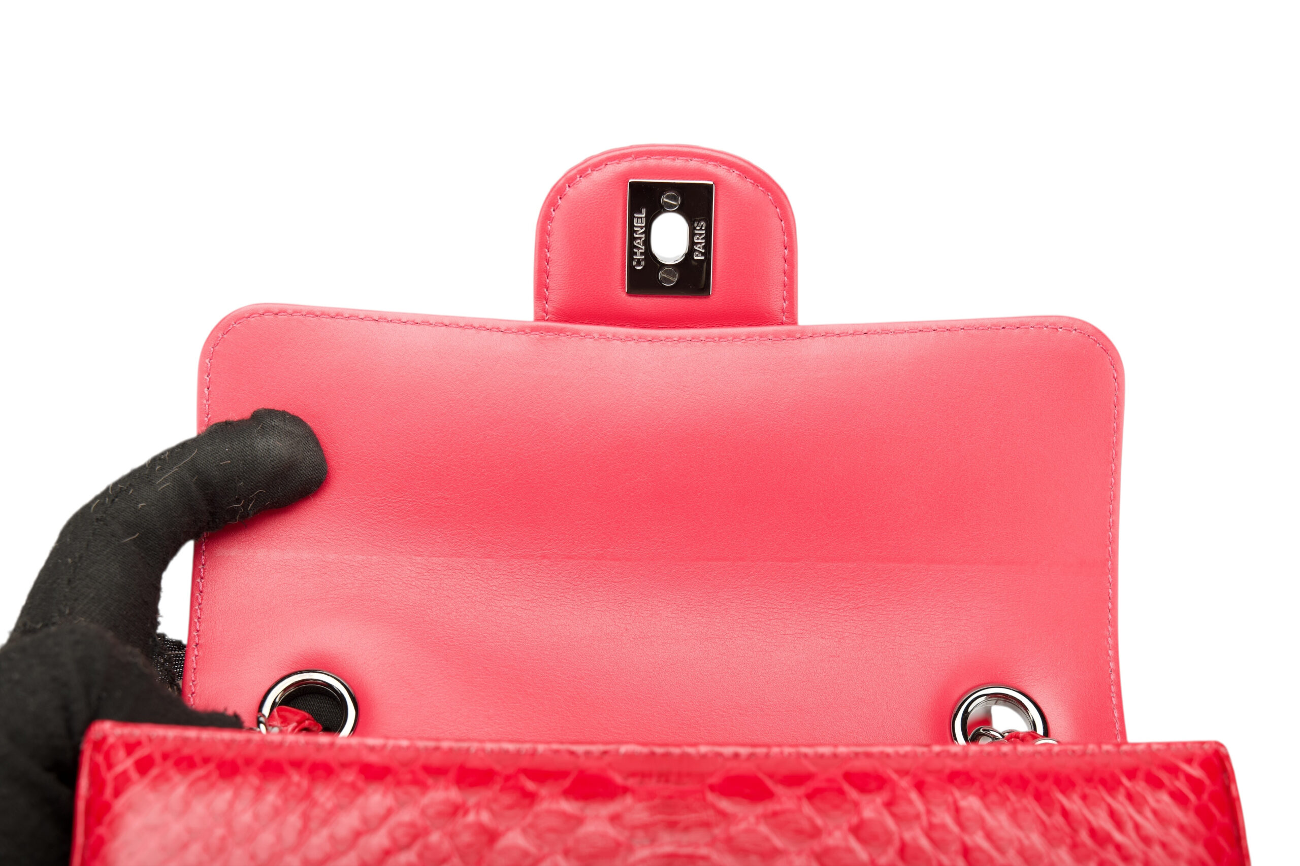 0749. Chanel Classic Mini Rectangle Flap Bag Pink Exotic Leather, Silver Hardware10