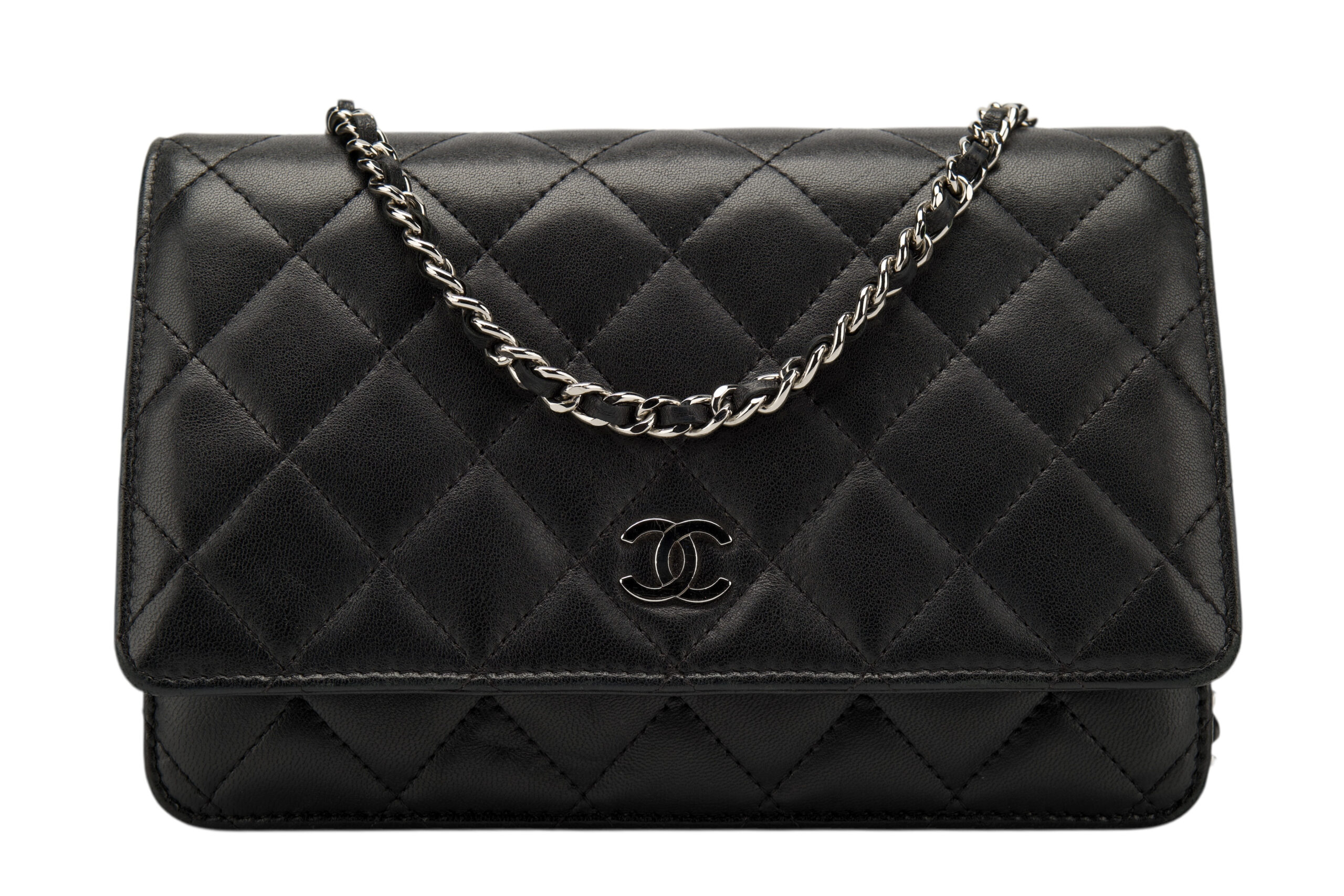 0760. Chanel Wallet on Chain (WOC) Black Quilted Lambskin, Silver Hardware1