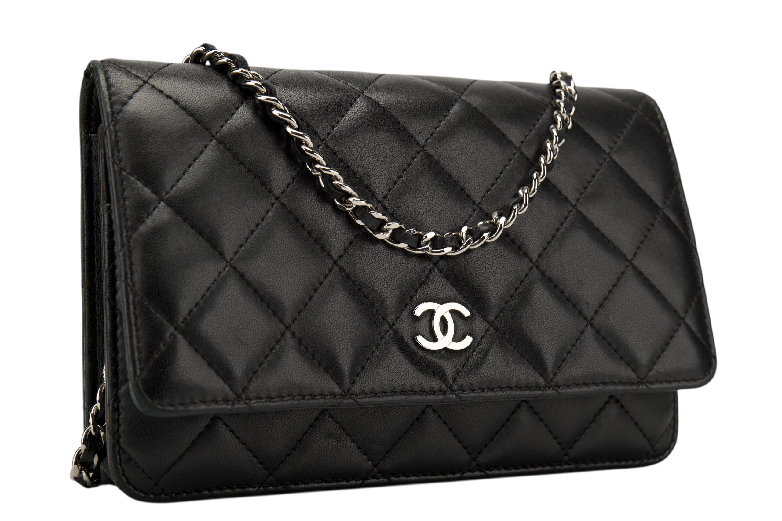 0760. Chanel Wallet on Chain (WOC) Black Quilted Lambskin, Silver Hardware2