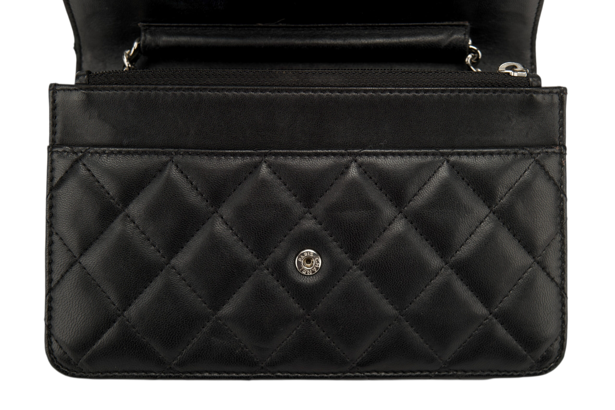 0760. Chanel Wallet on Chain (WOC) Black Quilted Lambskin, Silver Hardware9