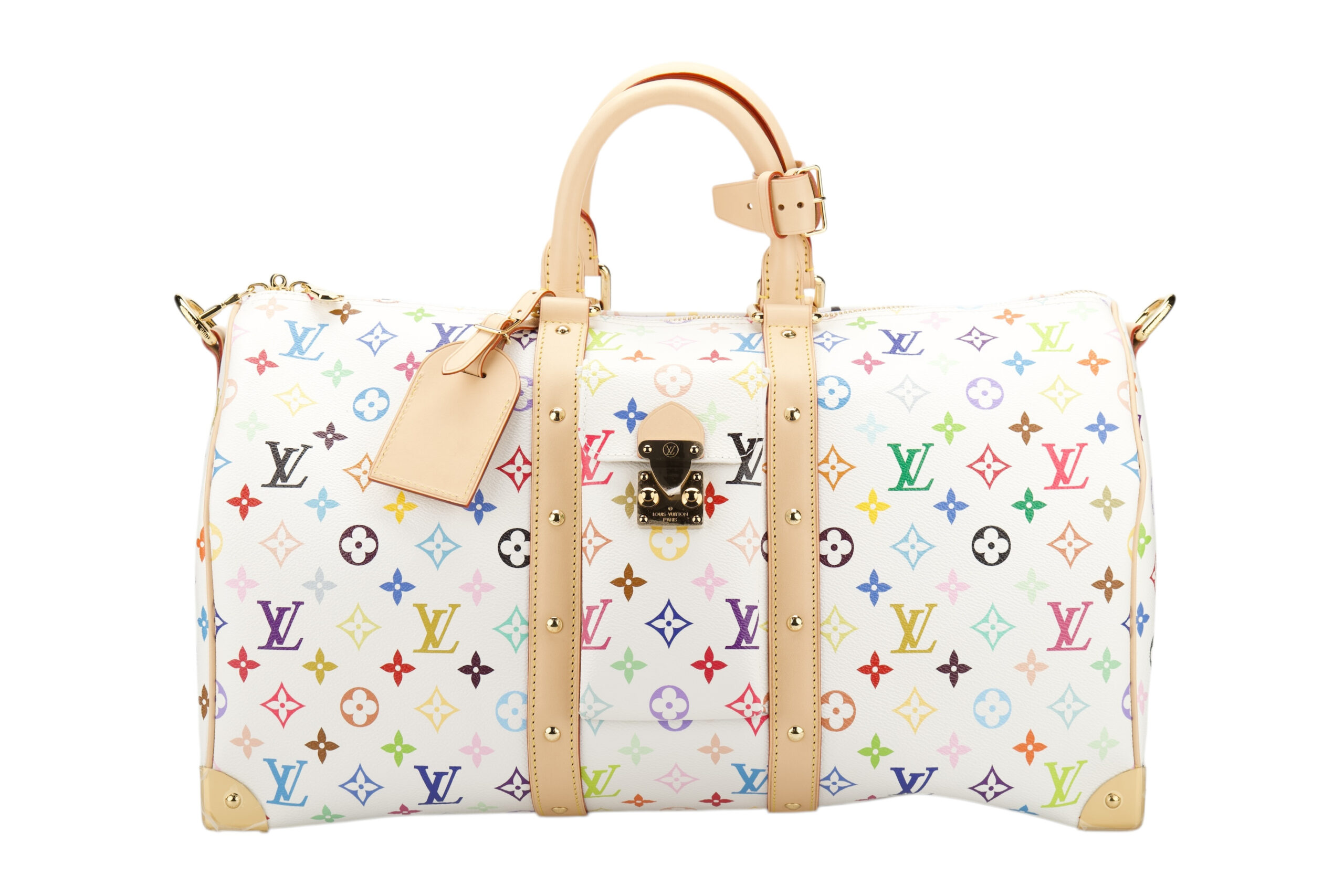 0779. LV X Takashi Murakami Keepall 45 Bandouliere White Multicolour Monogram Canvas, Gold Hardware1