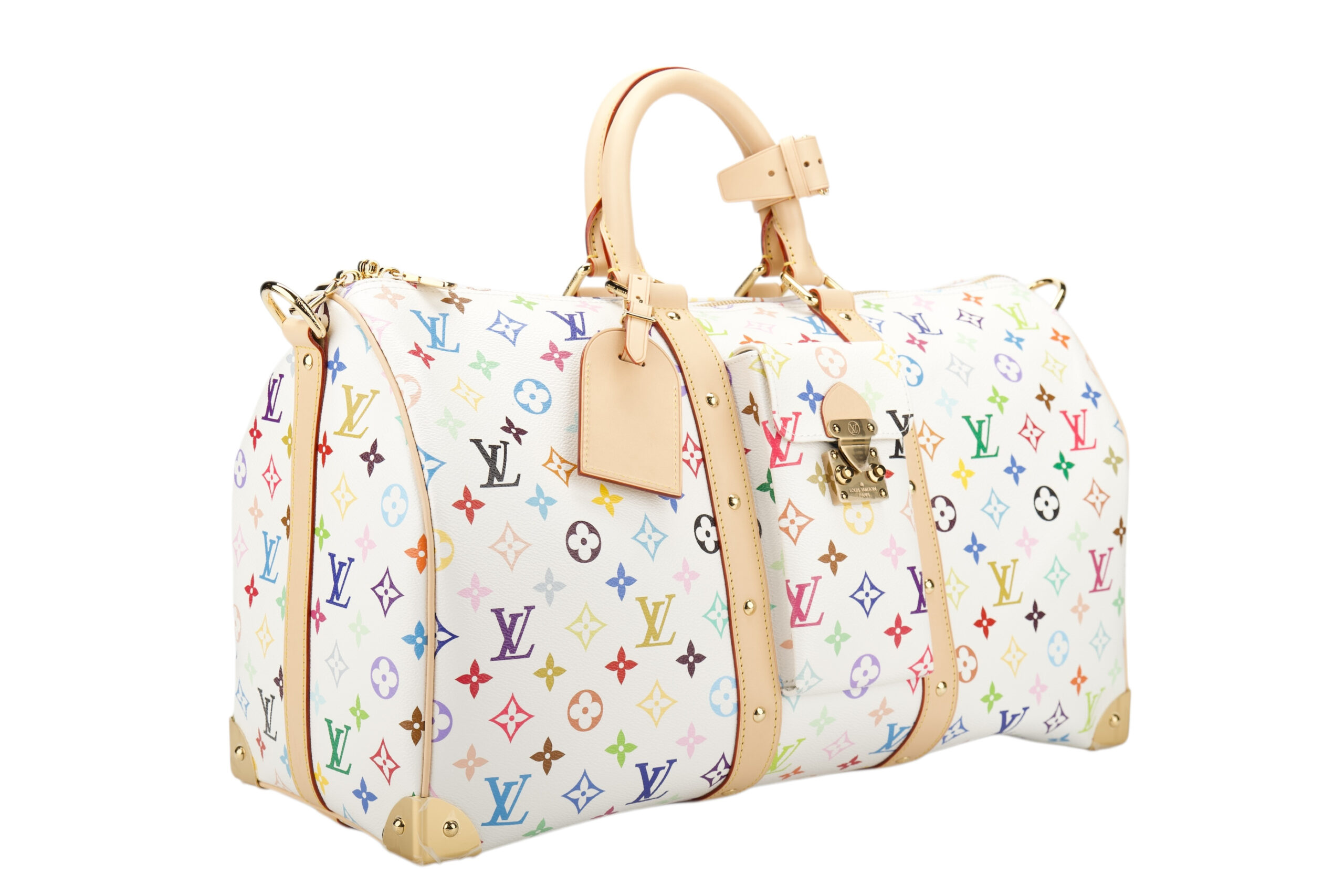 0779. LV X Takashi Murakami Keepall 45 Bandouliere White Multicolour Monogram Canvas, Gold Hardware2