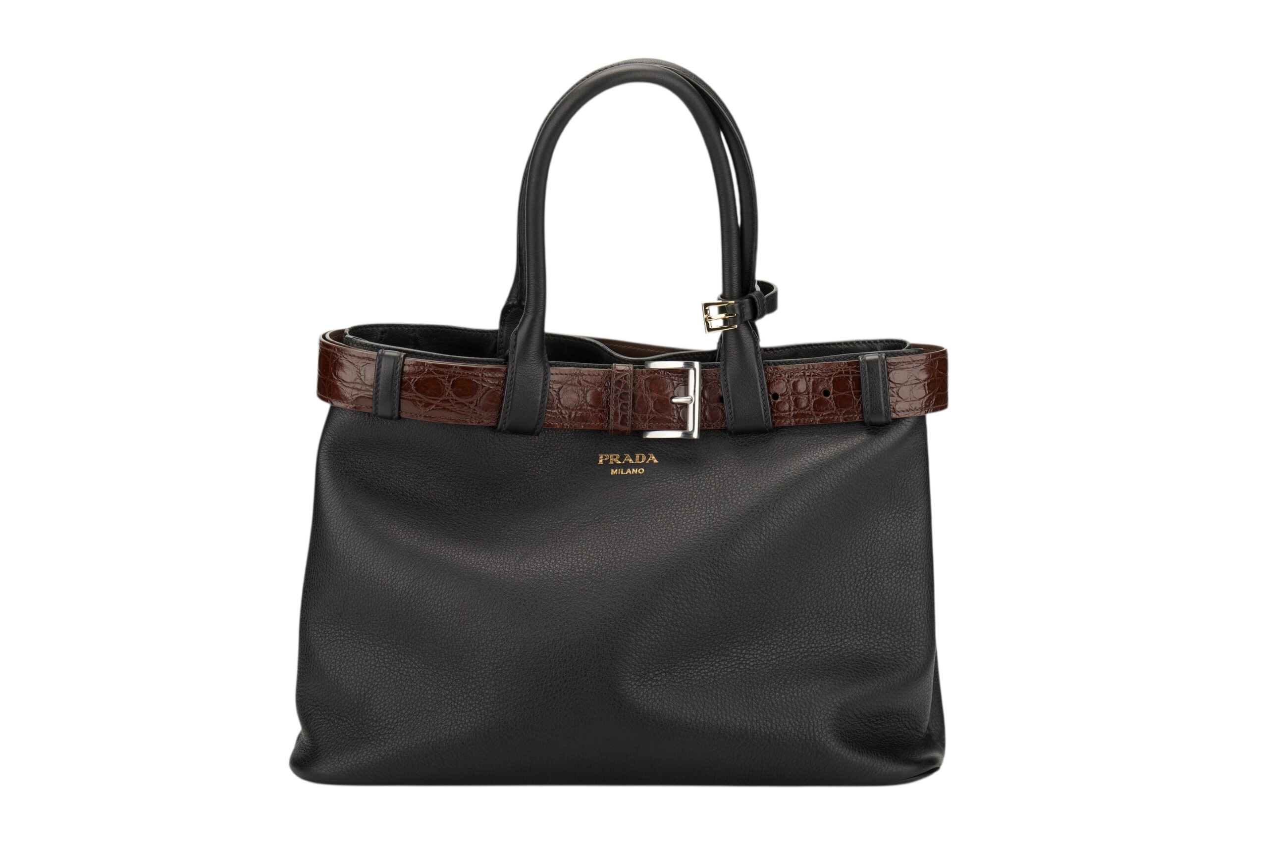 0780. Prada Black Buckle Belt Bag with Crocodile Embossed Belt, Leather, Gold, Hardware1