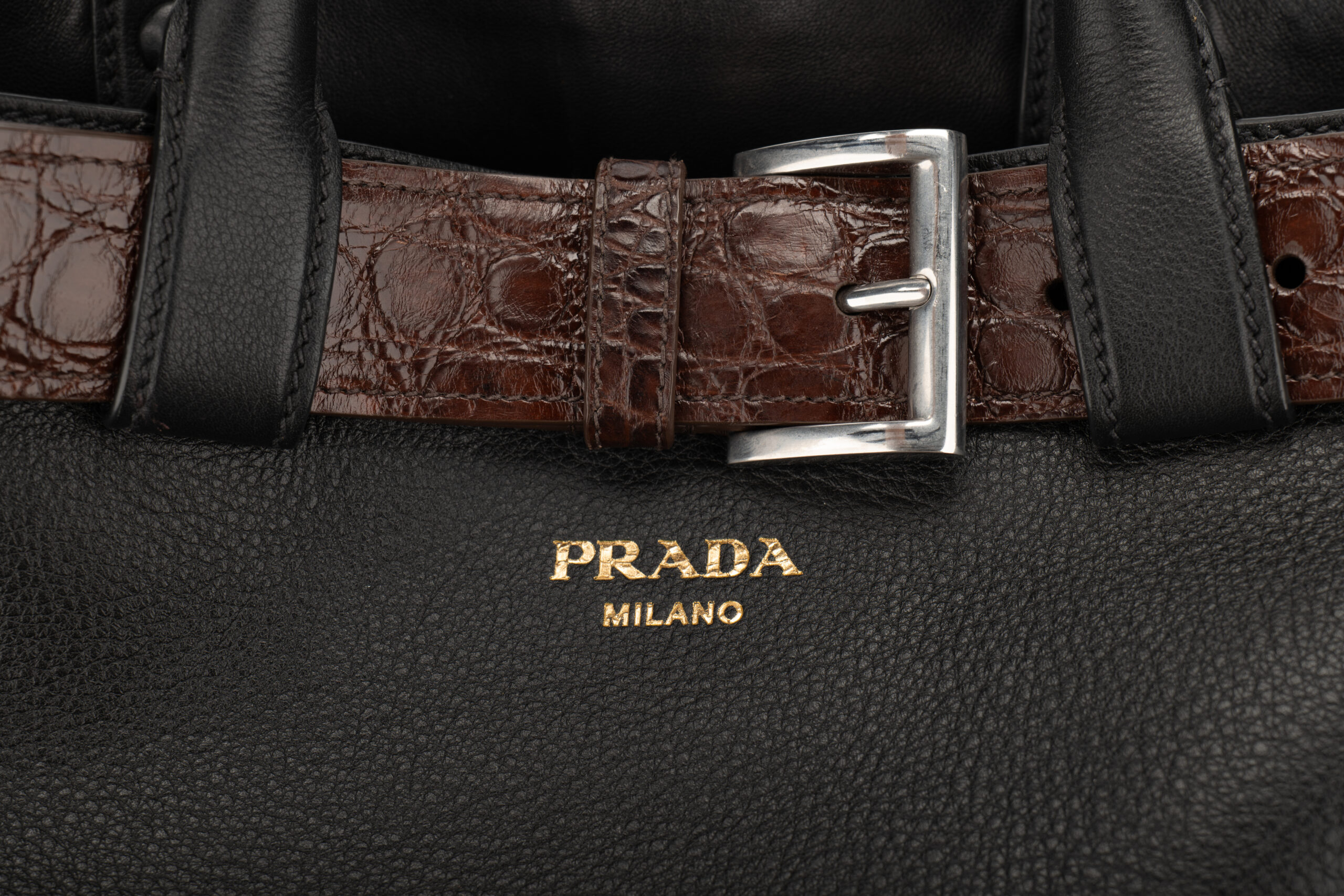0780. Prada Black Buckle Belt Bag with Crocodile Embossed Belt, Leather, Gold, Hardware12