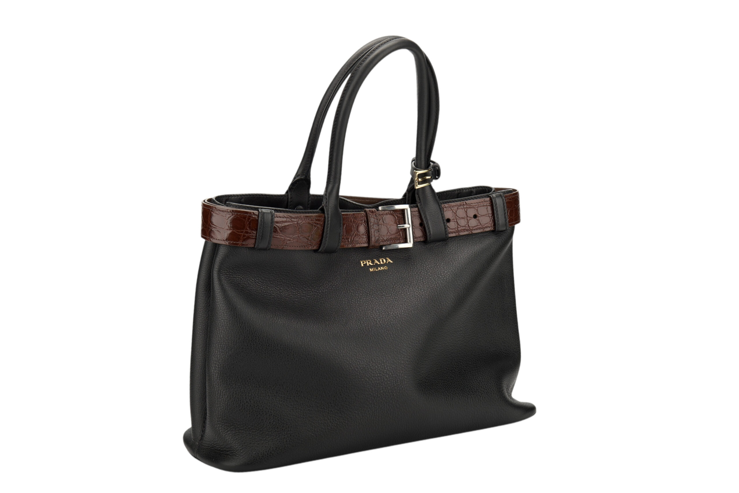 0780. Prada Black Buckle Belt Bag with Crocodile Embossed Belt, Leather, Gold, Hardware2